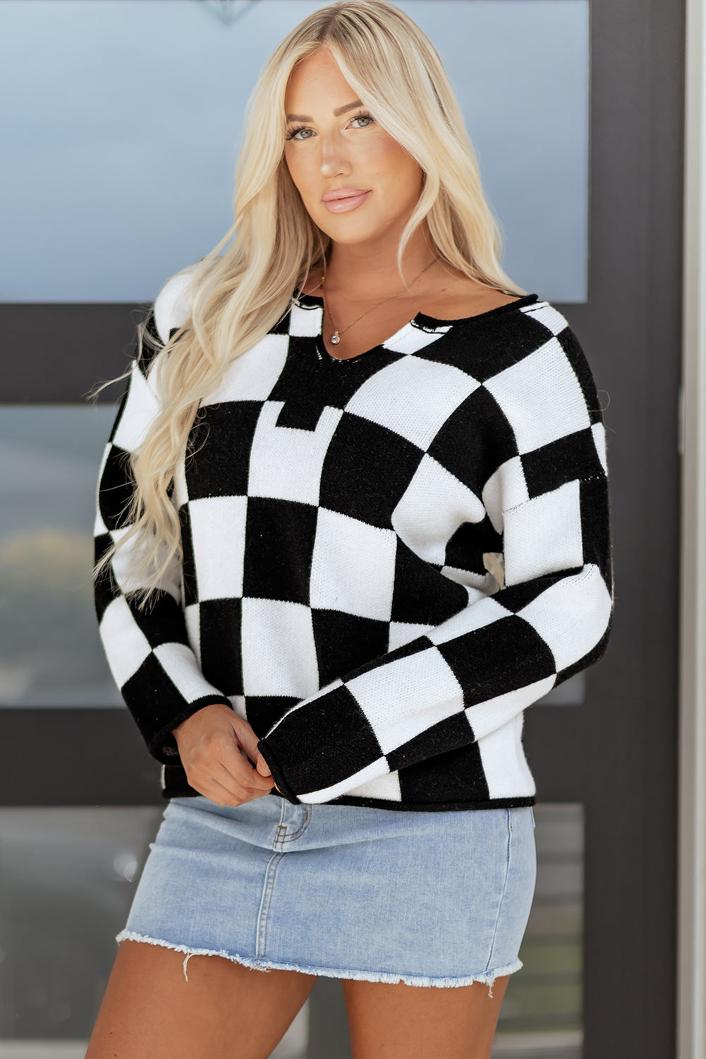 Black Checked Notched Neckline Drop Shoulder Knit Sweater-TOPS / DRESSES-[Adult]-[Female]-2022 Online Blue Zone Planet