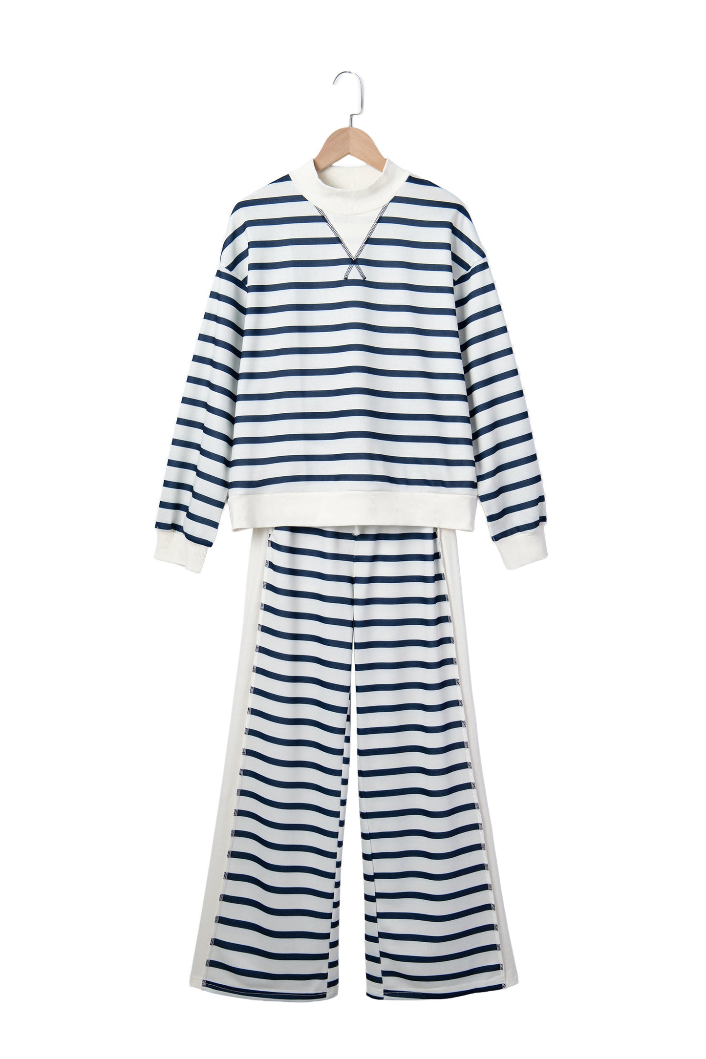 Blue Stripe Striped Ribbed Cuff Collar Pocket Loose Pant Set-Two Piece Sets/Pant Sets-[Adult]-[Female]-2022 Online Blue Zone Planet