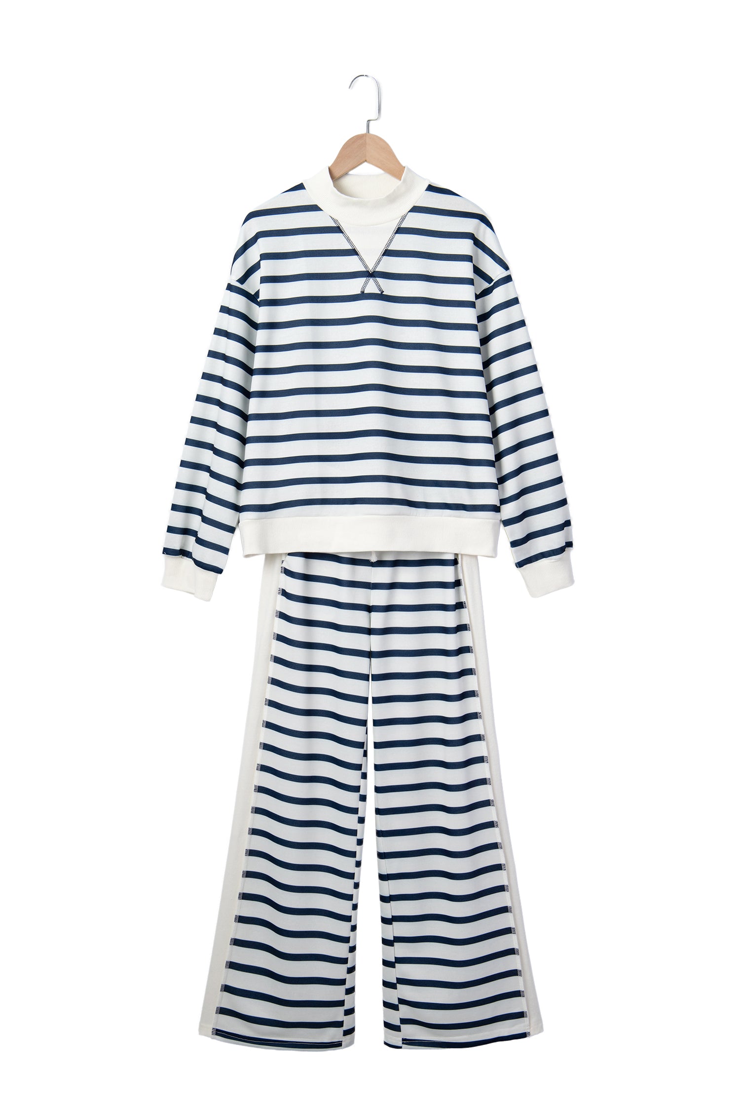 Blue Stripe Striped Ribbed Cuff Collar Pocket Loose Pant Set-Two Piece Sets/Pant Sets-[Adult]-[Female]-2022 Online Blue Zone Planet