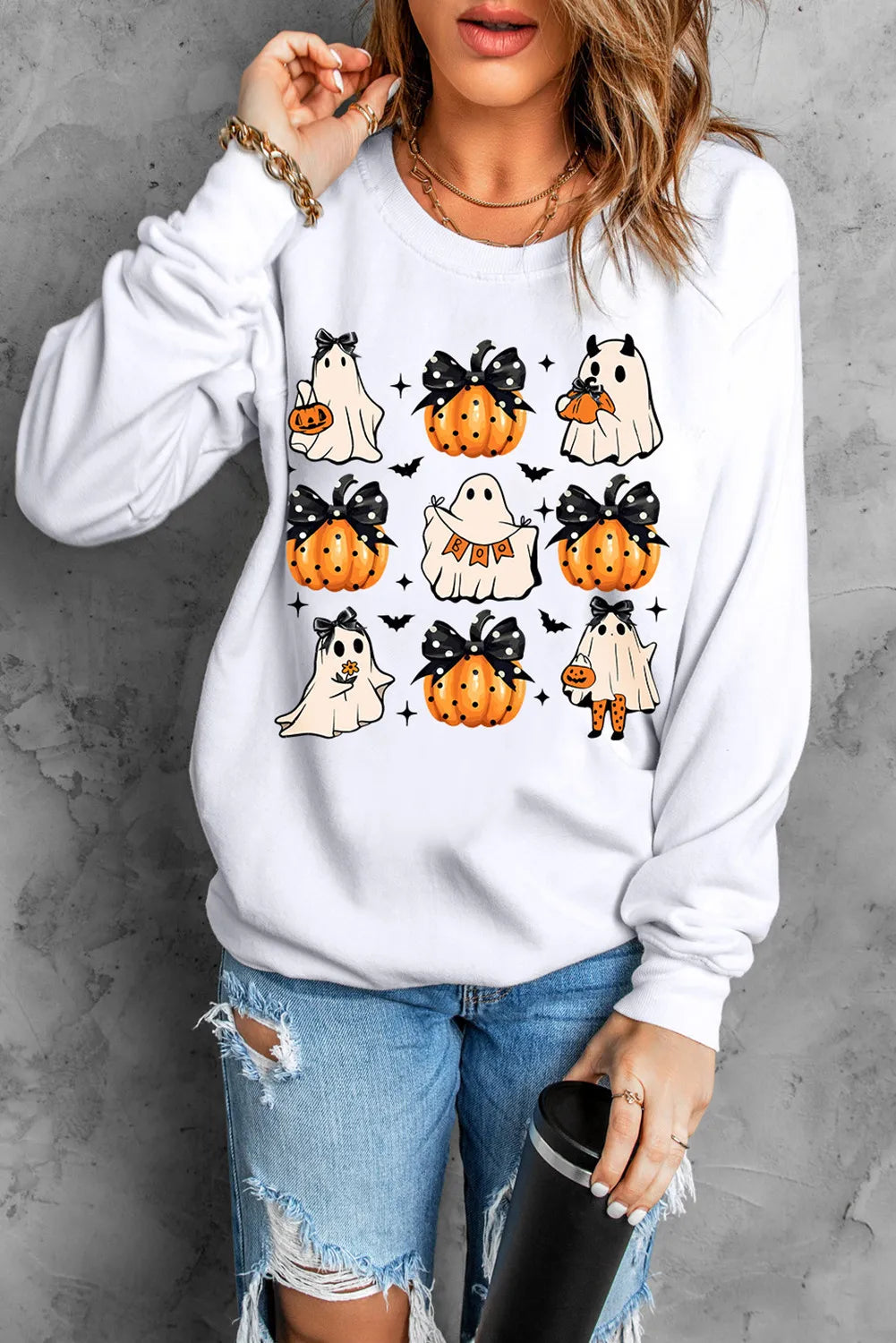 Pumpkin & Ghost Round Neck Long Sleeve Sweatshirt-TOPS / DRESSES-[Adult]-[Female]-2022 Online Blue Zone Planet