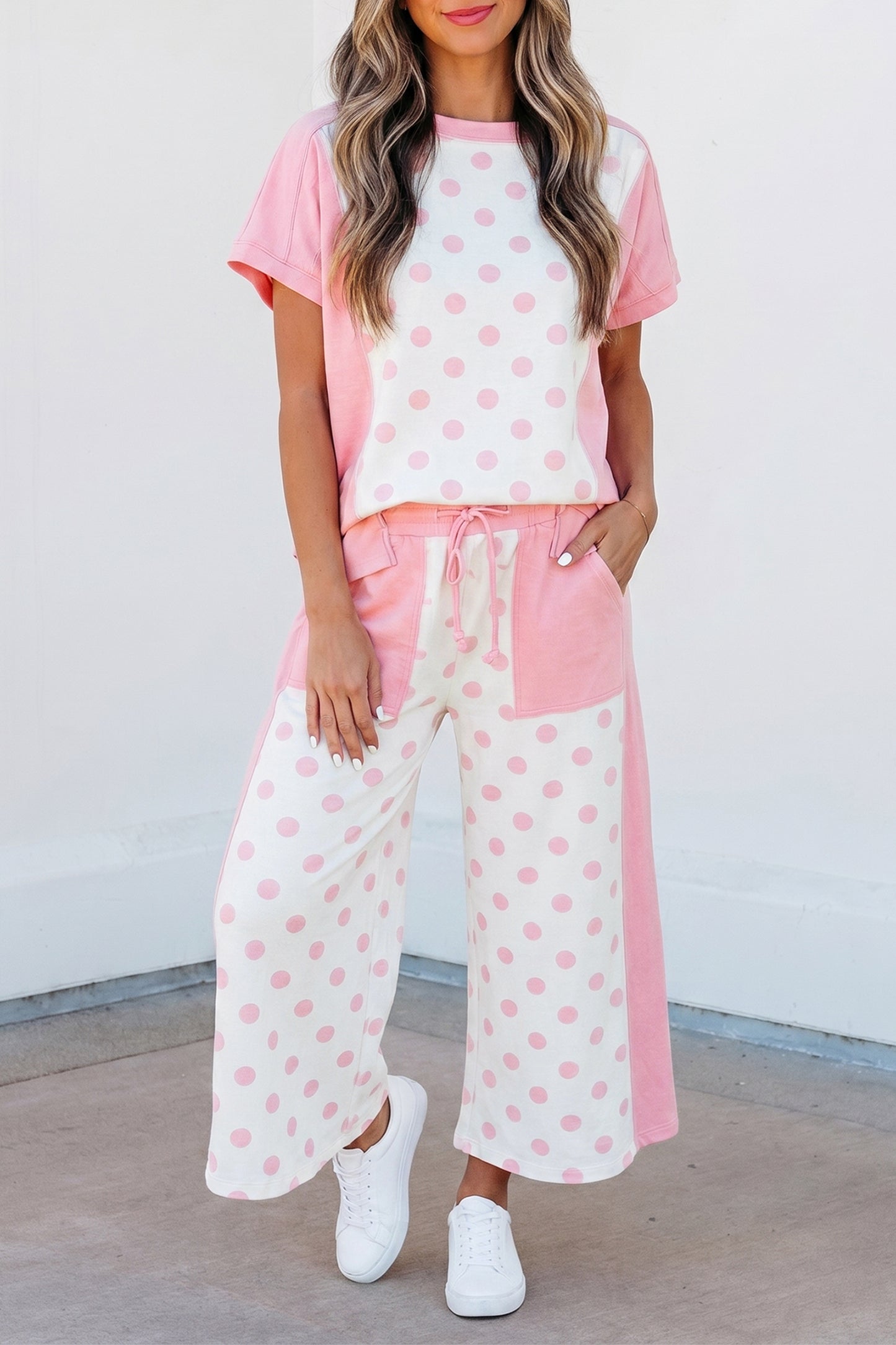 Pink Color Block Patchwork Polka Dot Wide Leg Pant Set-Two Piece Sets/Pant Sets-[Adult]-[Female]-Pink-S-2022 Online Blue Zone Planet
