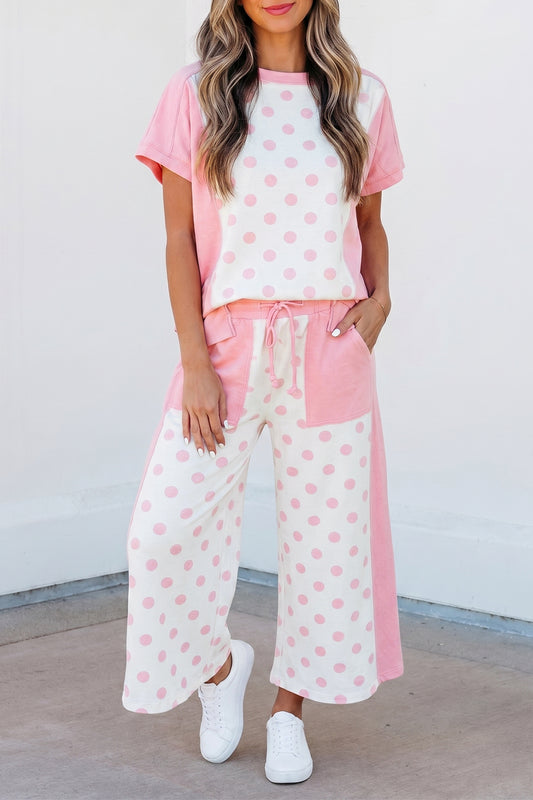 Pink Color Block Patchwork Polka Dot Wide Leg Pant Set-Two Piece Sets/Pant Sets-[Adult]-[Female]-Pink-S-2022 Online Blue Zone Planet