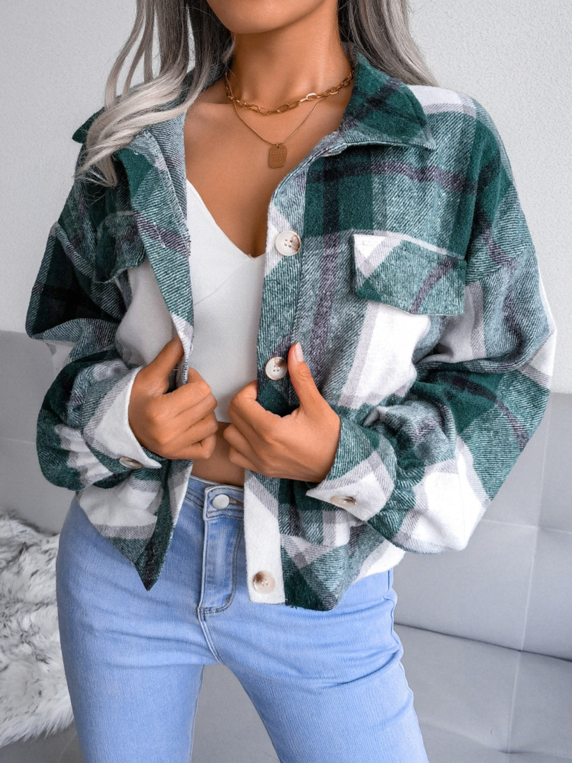 Plaid Collared Neck Long Sleeve Jacket-TOPS / DRESSES-[Adult]-[Female]-Dark Green-S-2022 Online Blue Zone Planet