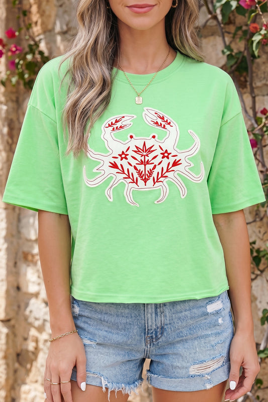 Bright Green Crab Embroidered Patch Loose Round Neck Tee-Tops/Tops & Tees-[Adult]-[Female]-Bright Green-S-2022 Online Blue Zone Planet