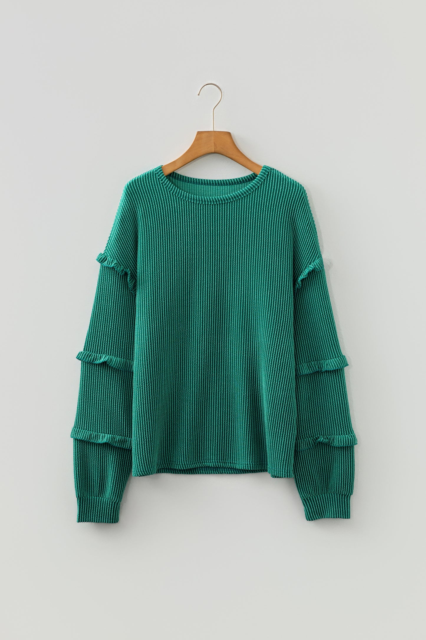 Evergreen Twisted Ribbed Tiered Ruffles Long Sleeve Pullover Top-Tops/Long Sleeve Tops-[Adult]-[Female]-2022 Online Blue Zone Planet
