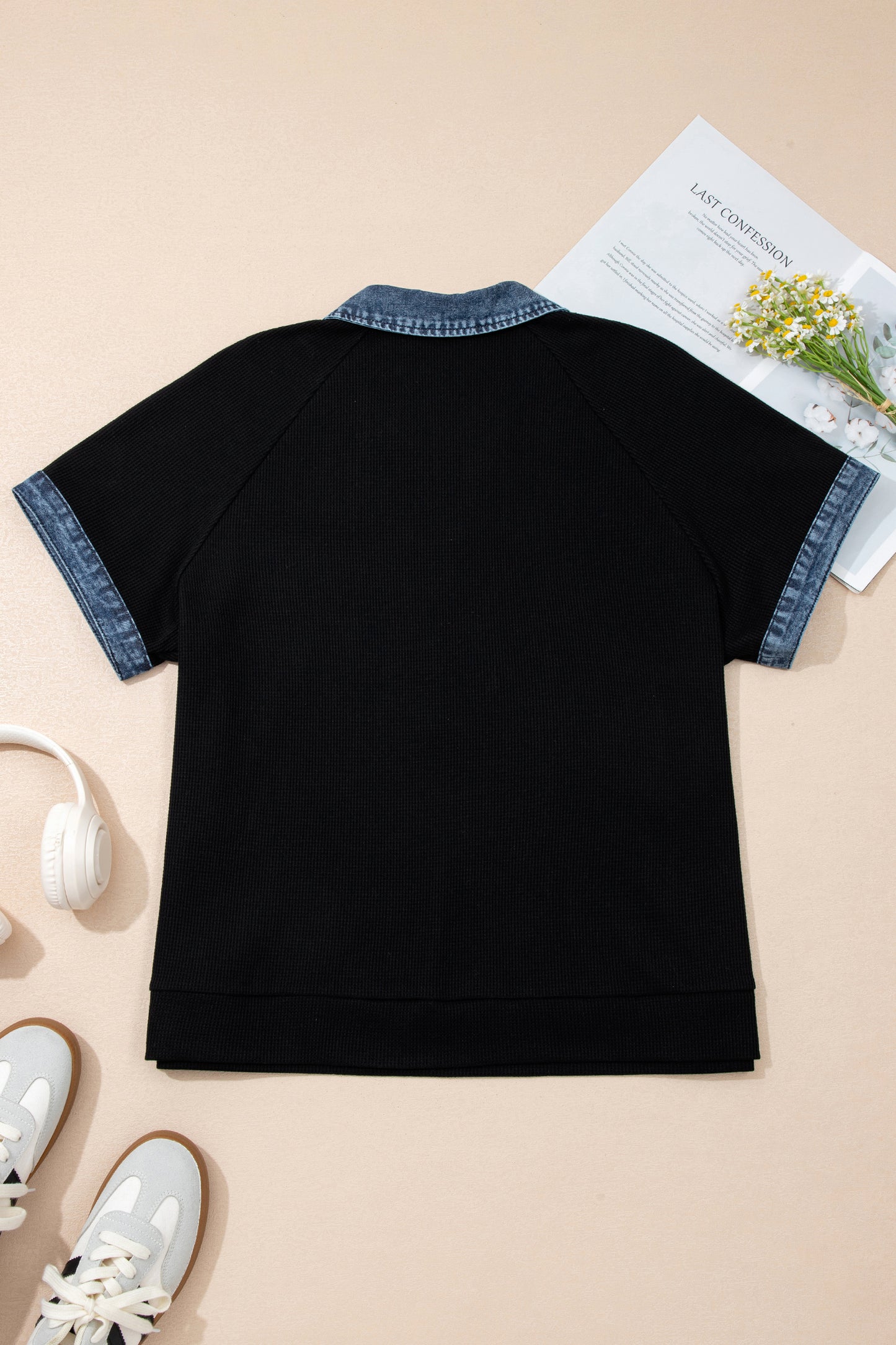Black Plus Size Textured Contrast Denim Patchwork Button Polo Tee-Plus Size/Plus Size Tops-[Adult]-[Female]-2022 Online Blue Zone Planet