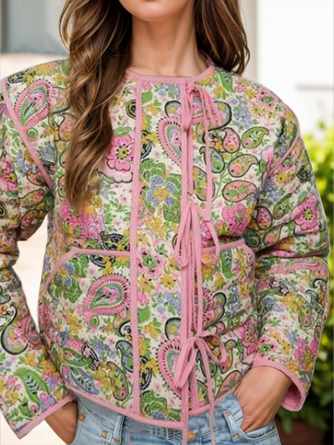 Tina's Tied Floral Long Sleeve Thin Quilted Jacket-TOPS / DRESSES-[Adult]-[Female]-Blush Pink-S-2022 Online Blue Zone Planet