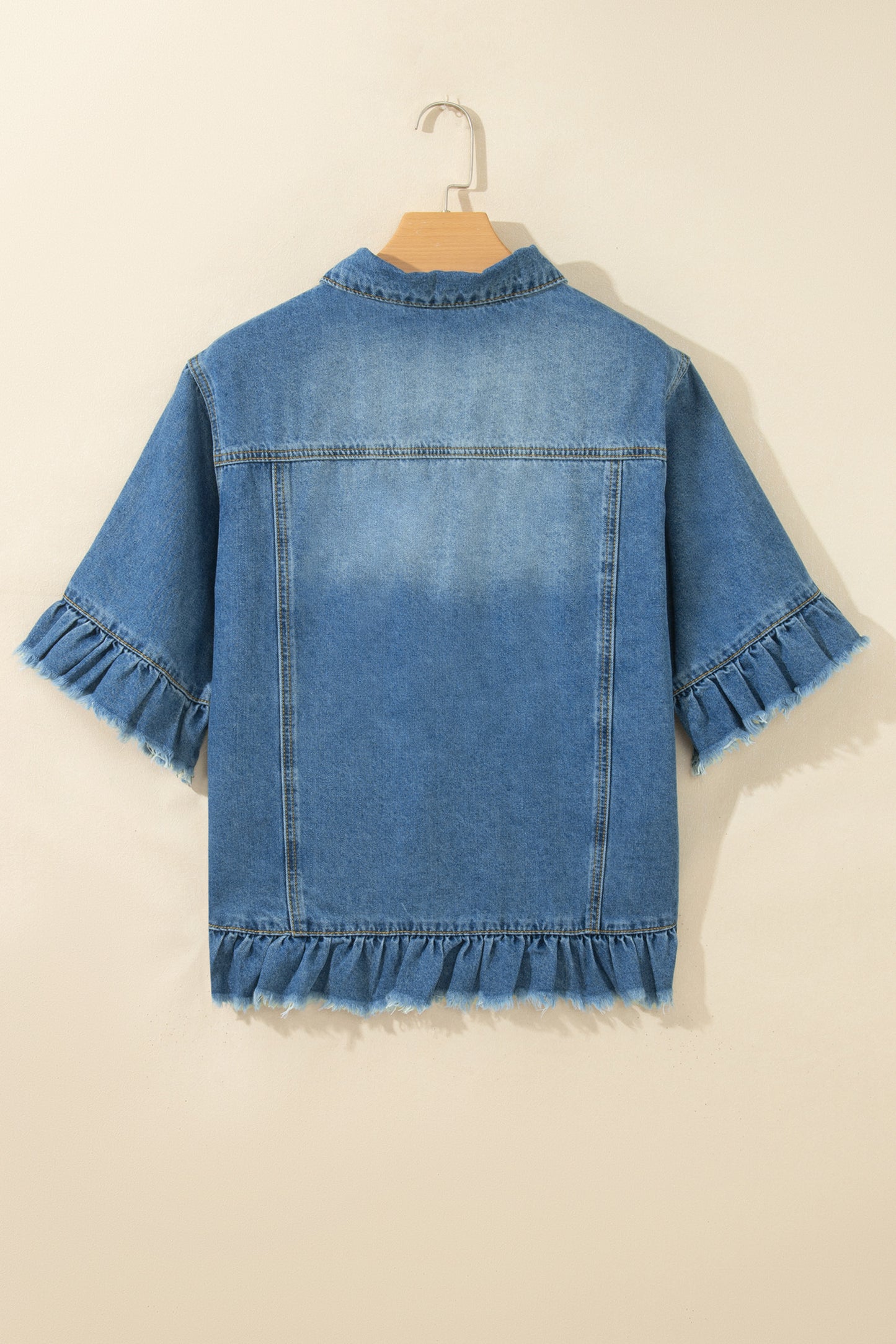 Blue Ruffle Hem Raw Edge Half Sleeve Western Denim Jacket-Outerwear/Denim jackets-[Adult]-[Female]-2022 Online Blue Zone Planet