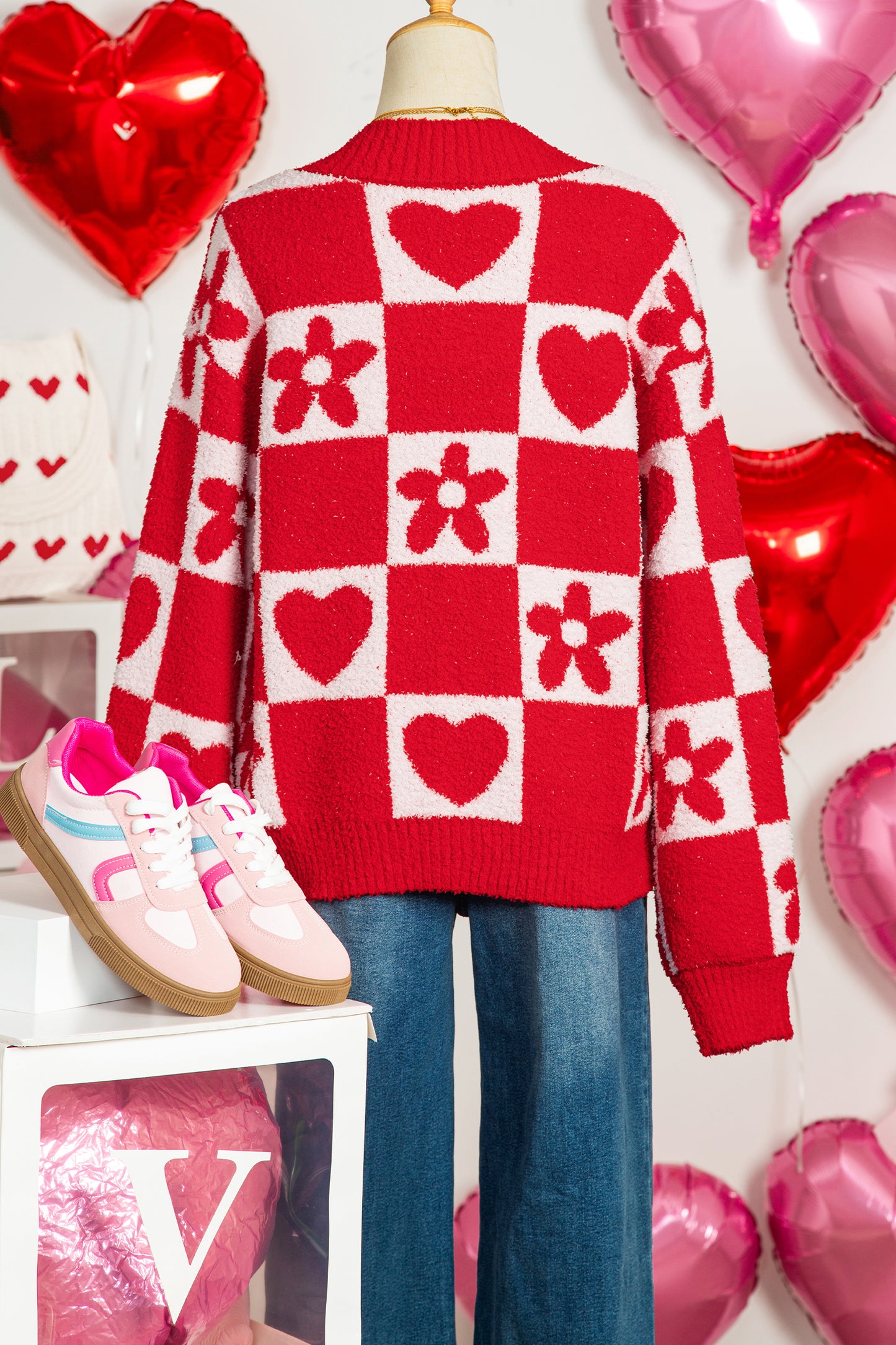 Fiery Red V Neck Flower Heart Detail Checkered Knit Loose Sweater-TOPS / DRESSES-[Adult]-[Female]-2022 Online Blue Zone Planet