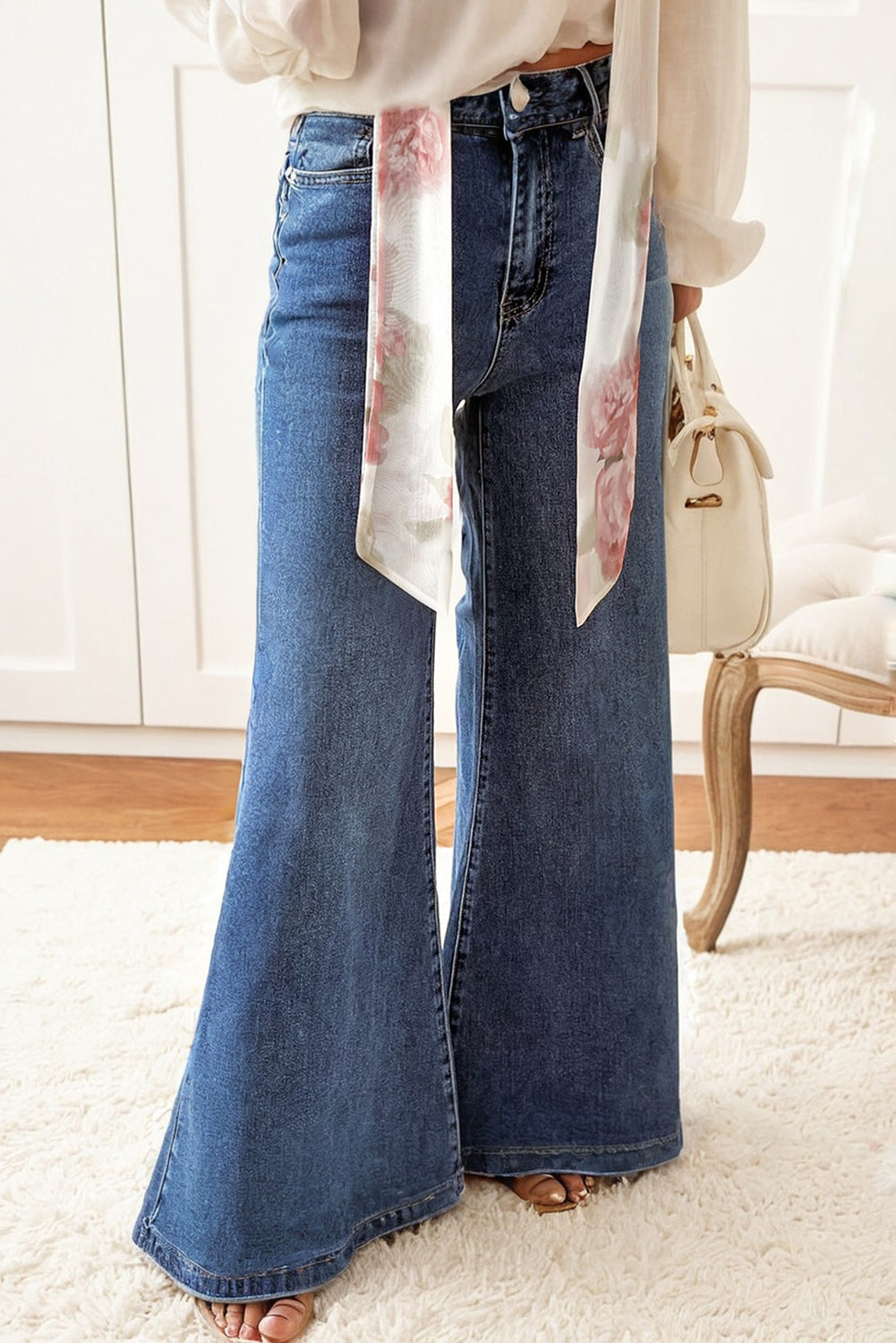 Dirty blue High Waist Button Zip Fly Bell Bottom Jeans-Bottoms/Jeans-[Adult]-[Female]-2022 Online Blue Zone Planet