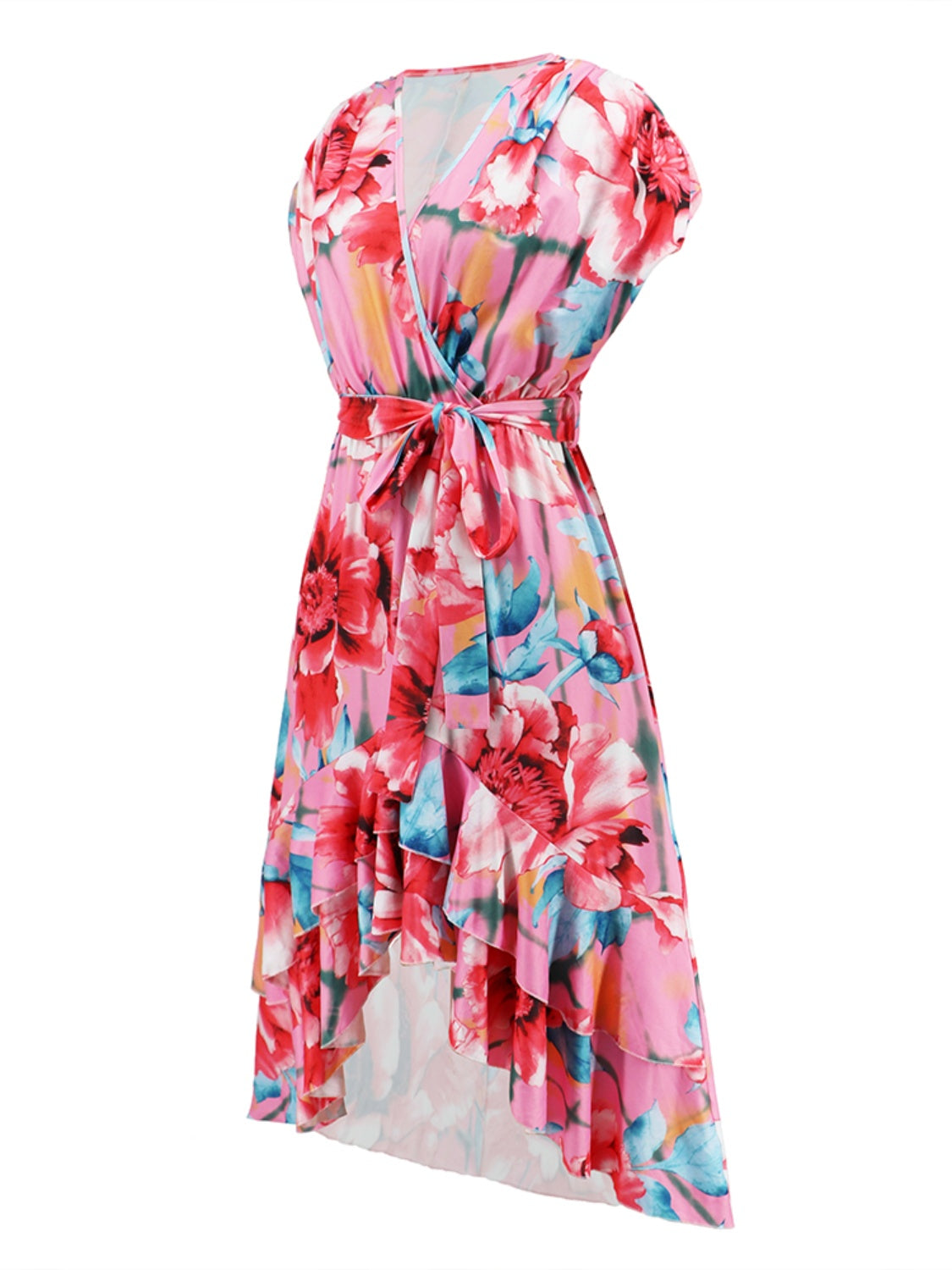 Ruffled Tied Floral Surplice Dress-TOPS / DRESSES-[Adult]-[Female]-2022 Online Blue Zone Planet