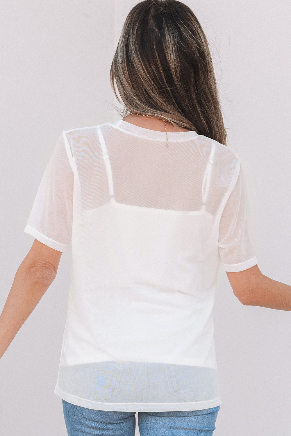 White Solid Color Sheer Mesh Patchwork Short Sleeve Top-Tops/Tops & Tees-[Adult]-[Female]-2022 Online Blue Zone Planet