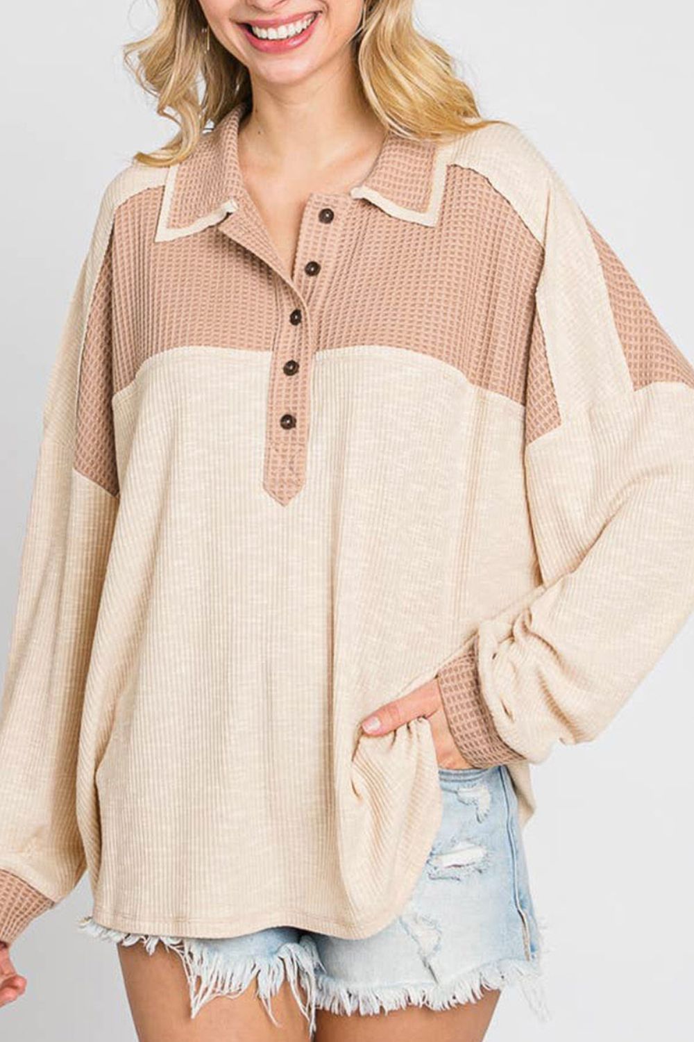 Blue Zone Planet | Waffle-Knit Color Block Half Button Long Sleeve Top-TOPS / DRESSES-[Adult]-[Female]-Eggshell-S-2022 Online Blue Zone Planet