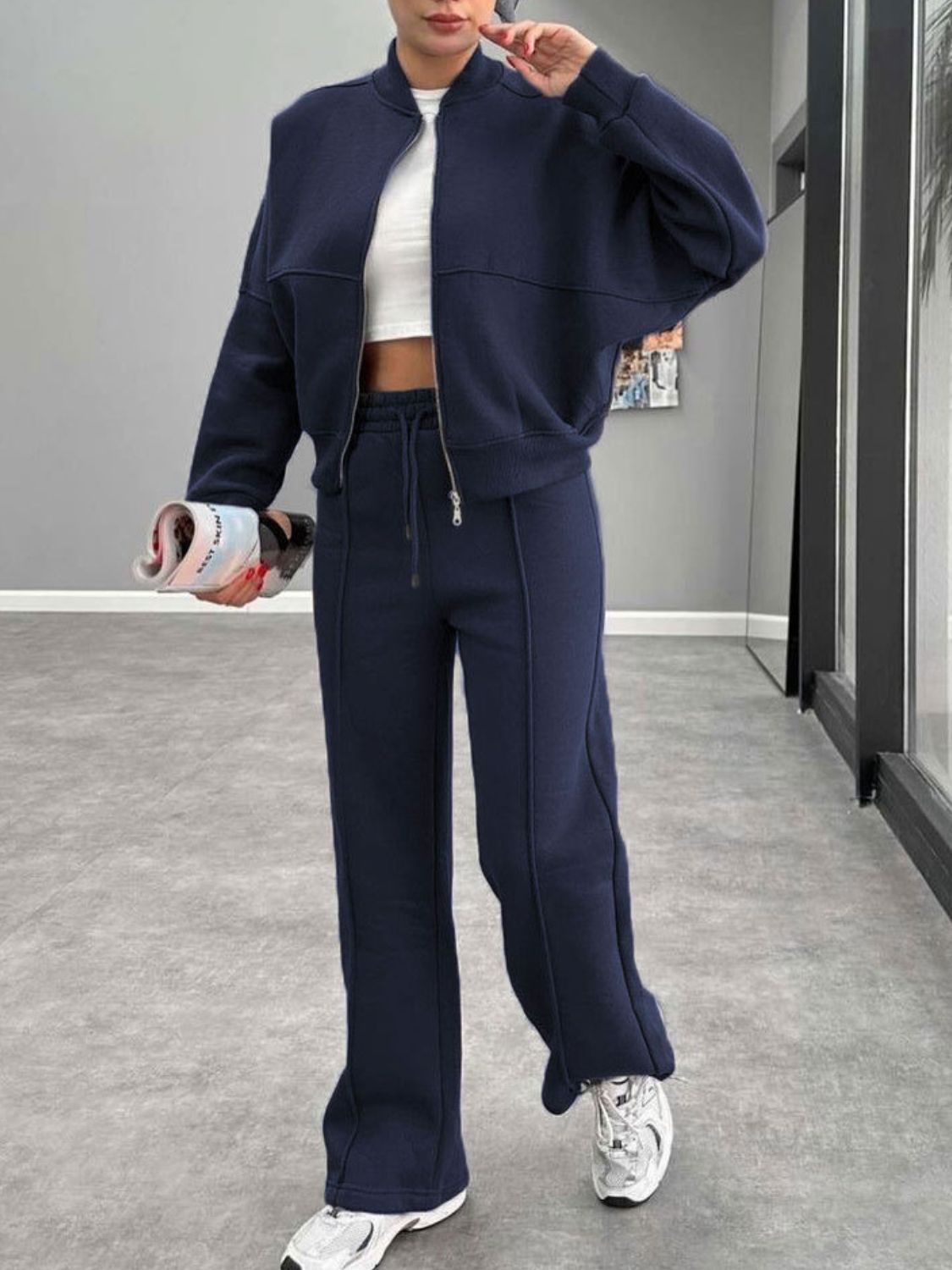 Baseball Collar Zip Up Outerwear and Drawstring Pants Set-TOPS / DRESSES-[Adult]-[Female]-2022 Online Blue Zone Planet