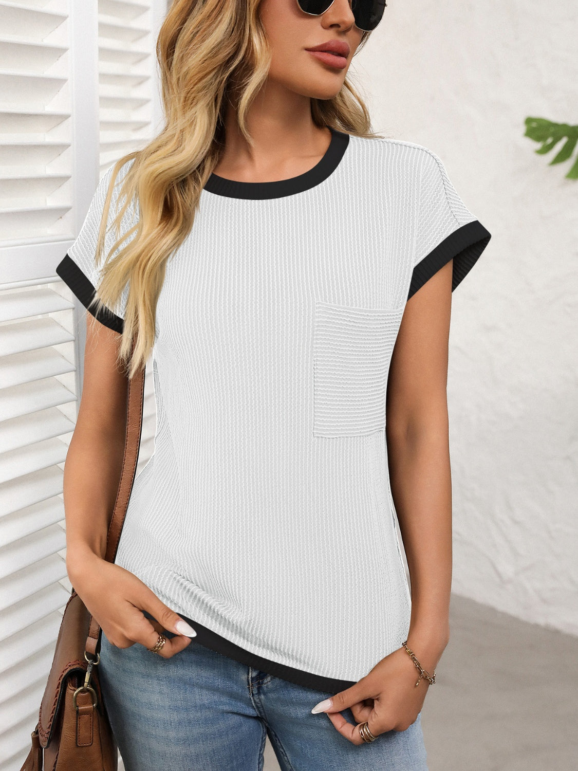 Contrast Trim Round Neck Short Sleeve T-Shirt-TOPS / DRESSES-[Adult]-[Female]-White-S-2022 Online Blue Zone Planet