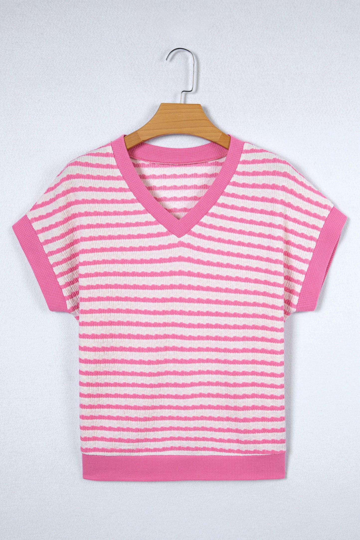 Pink Stripe Textured Knit Contrast Trim V Neck Short Sleeve Top-Tops/Tops & Tees-[Adult]-[Female]-2022 Online Blue Zone Planet