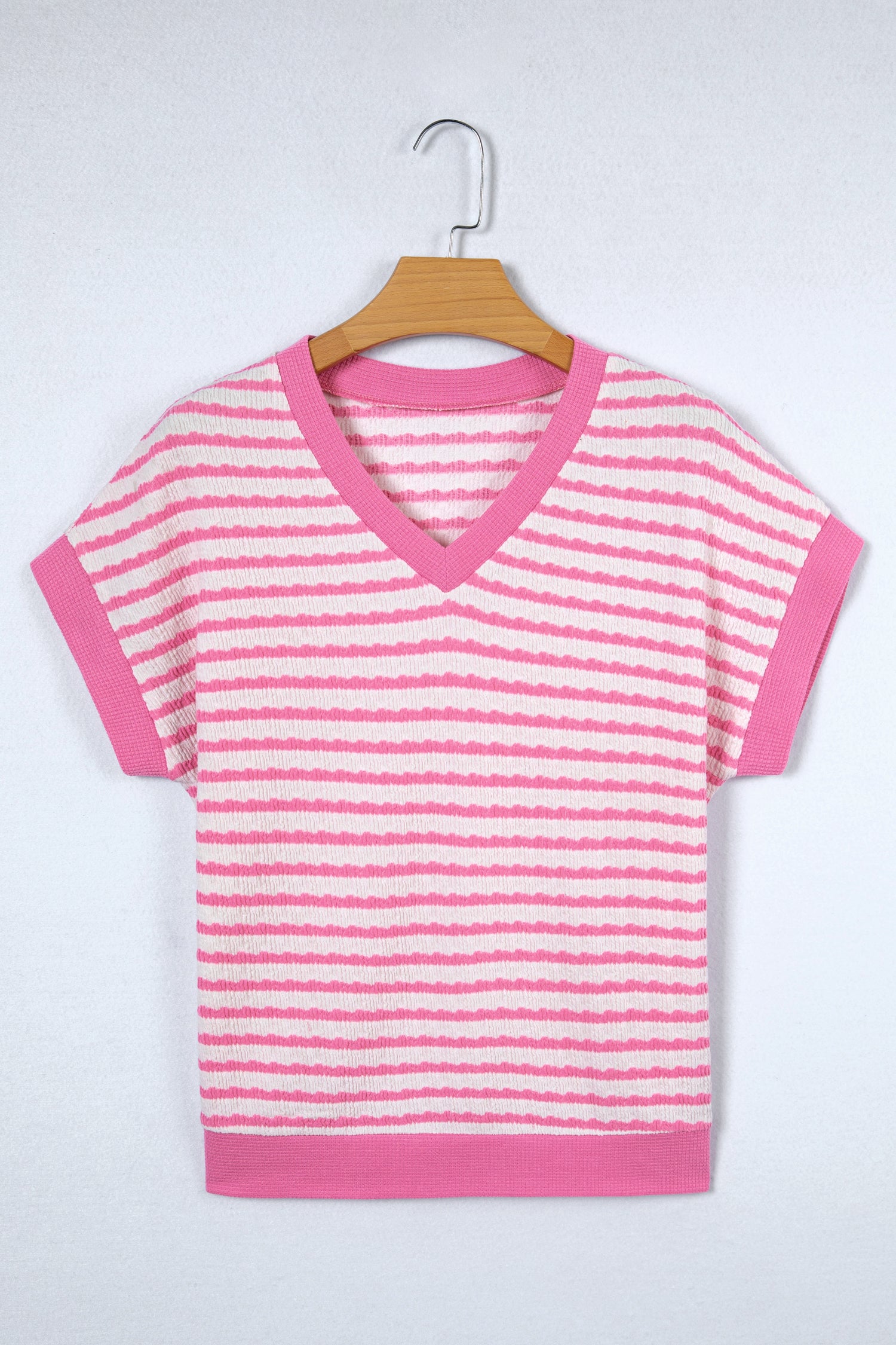 Pink Stripe Textured Knit Contrast Trim V Neck Short Sleeve Top-Tops/Tops & Tees-[Adult]-[Female]-2022 Online Blue Zone Planet