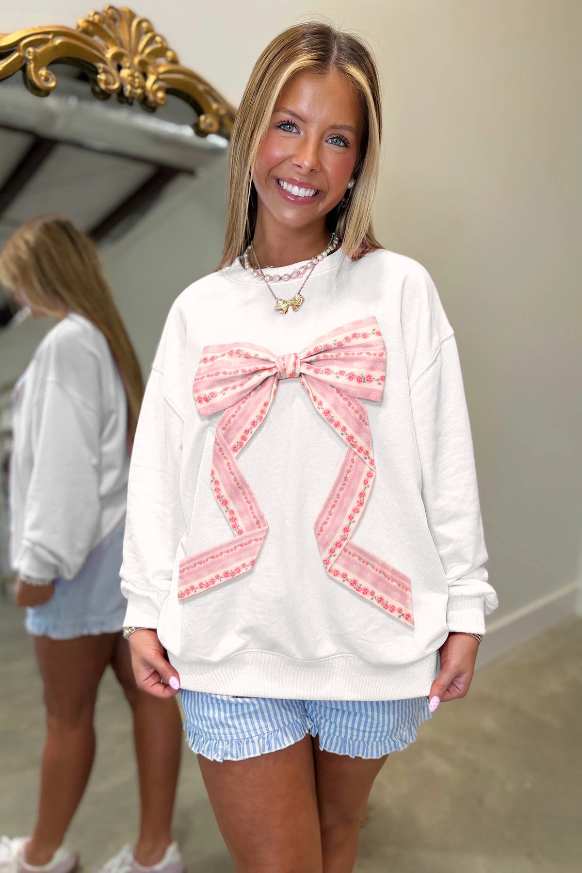 Pink Floral Bow Decoration Drop Shoulder Long Sleeve Top-Tops/Long Sleeve Tops-[Adult]-[Female]-2022 Online Blue Zone Planet