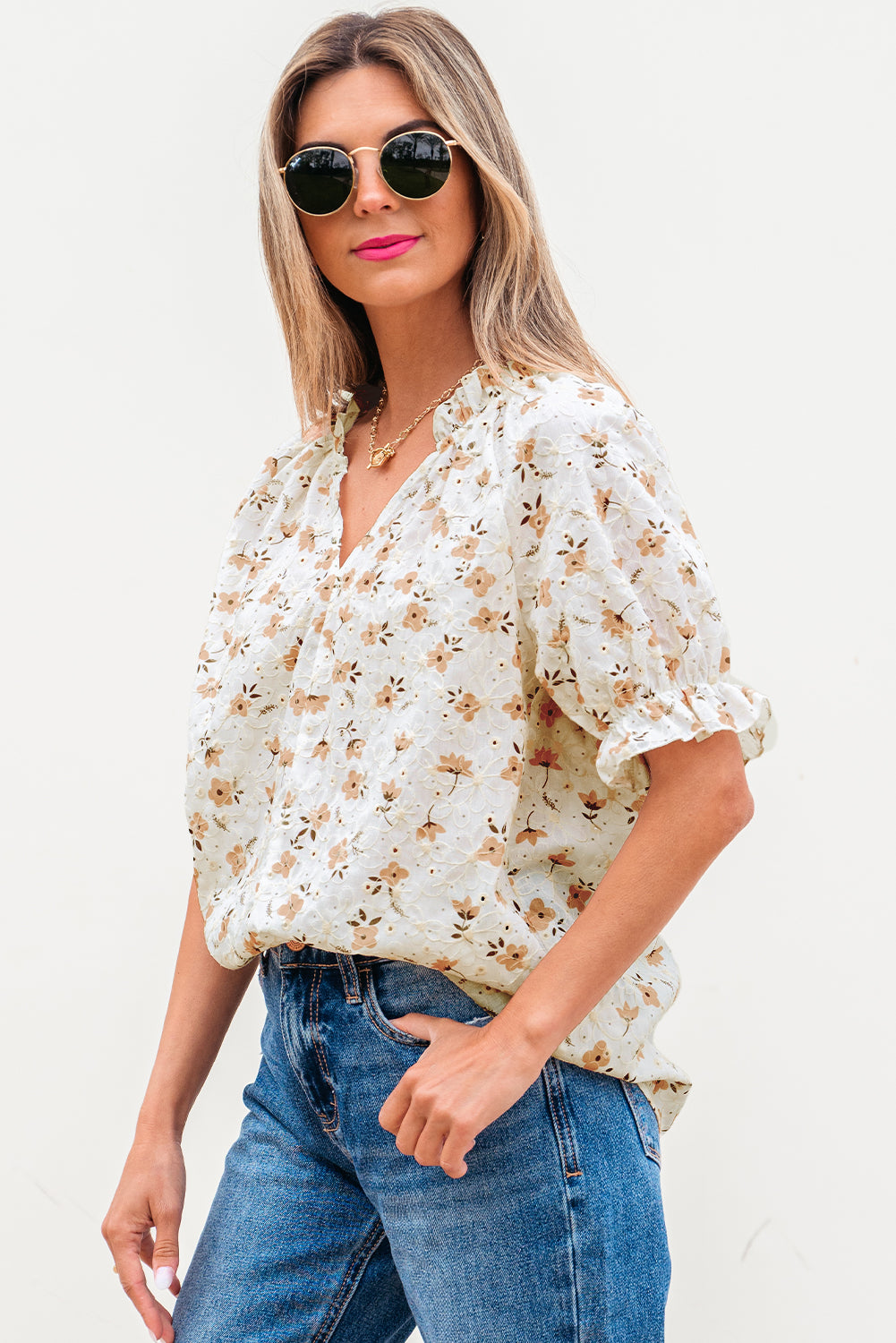 White Floral Eyelet Embroidered Puff Sleeve Notch V Neck Blouse-Tops/Blouses & Shirts-[Adult]-[Female]-2022 Online Blue Zone Planet