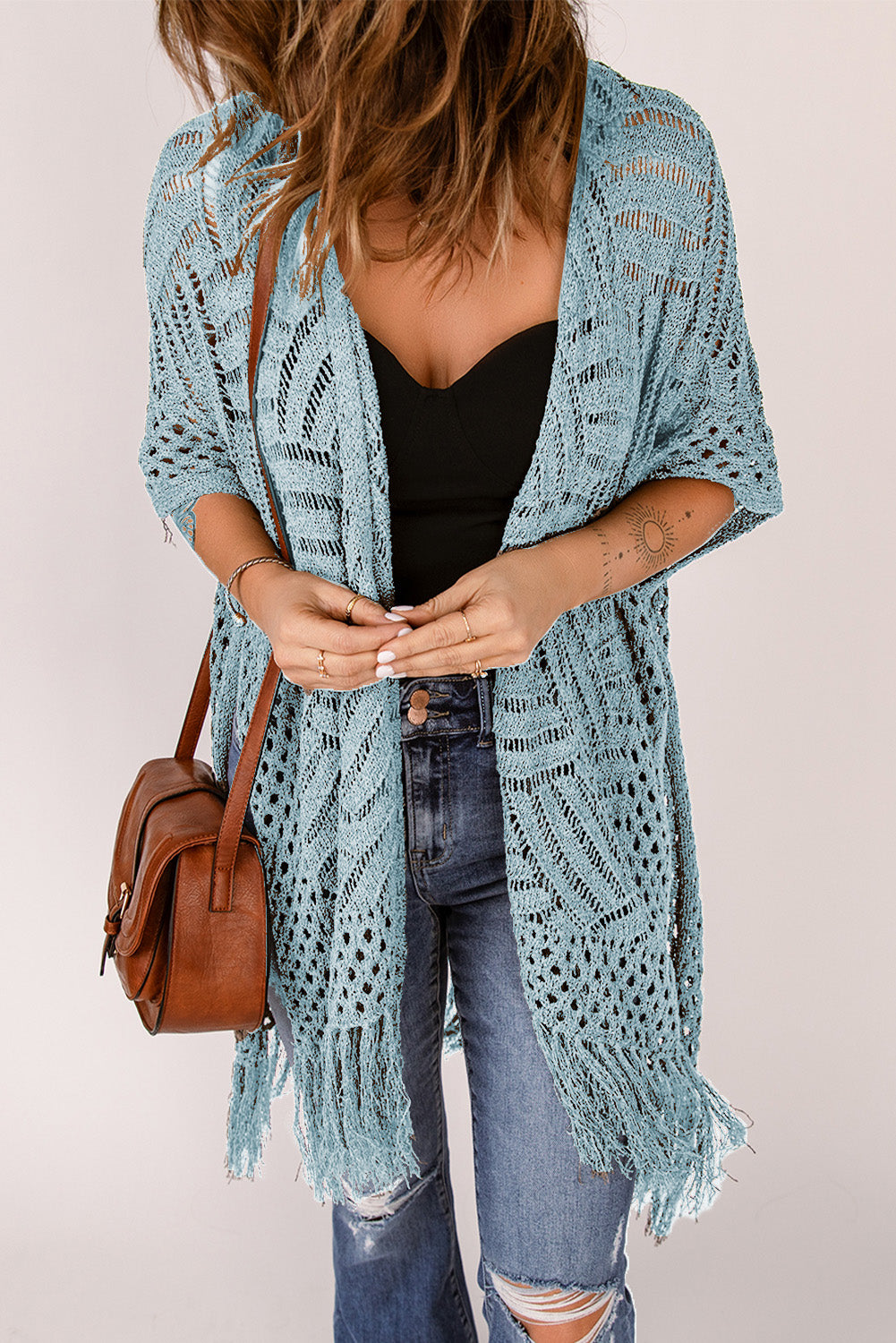 Blue Zone Planet | Openwork Open Front Cardigan with Fringes-TOPS / DRESSES-[Adult]-[Female]-Light Blue-One Size-2022 Online Blue Zone Planet