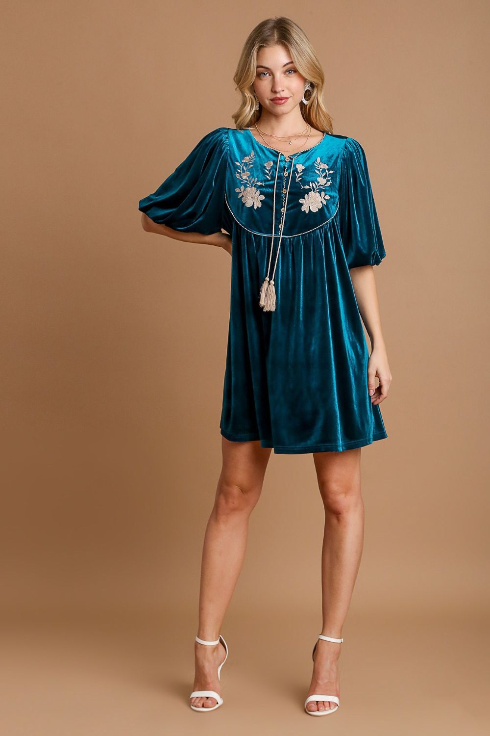 Umgee Embroidered Half Sleeve Velvet Mini Dress with Tassel-TOPS / DRESSES-[Adult]-[Female]-2022 Online Blue Zone Planet