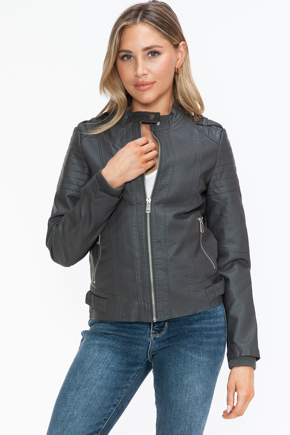 Blue Zone Planet | Snobbish PU Leather Biker Jacket with Side Zip Pockets-TOPS / DRESSES-[Adult]-[Female]-2022 Online Blue Zone Planet