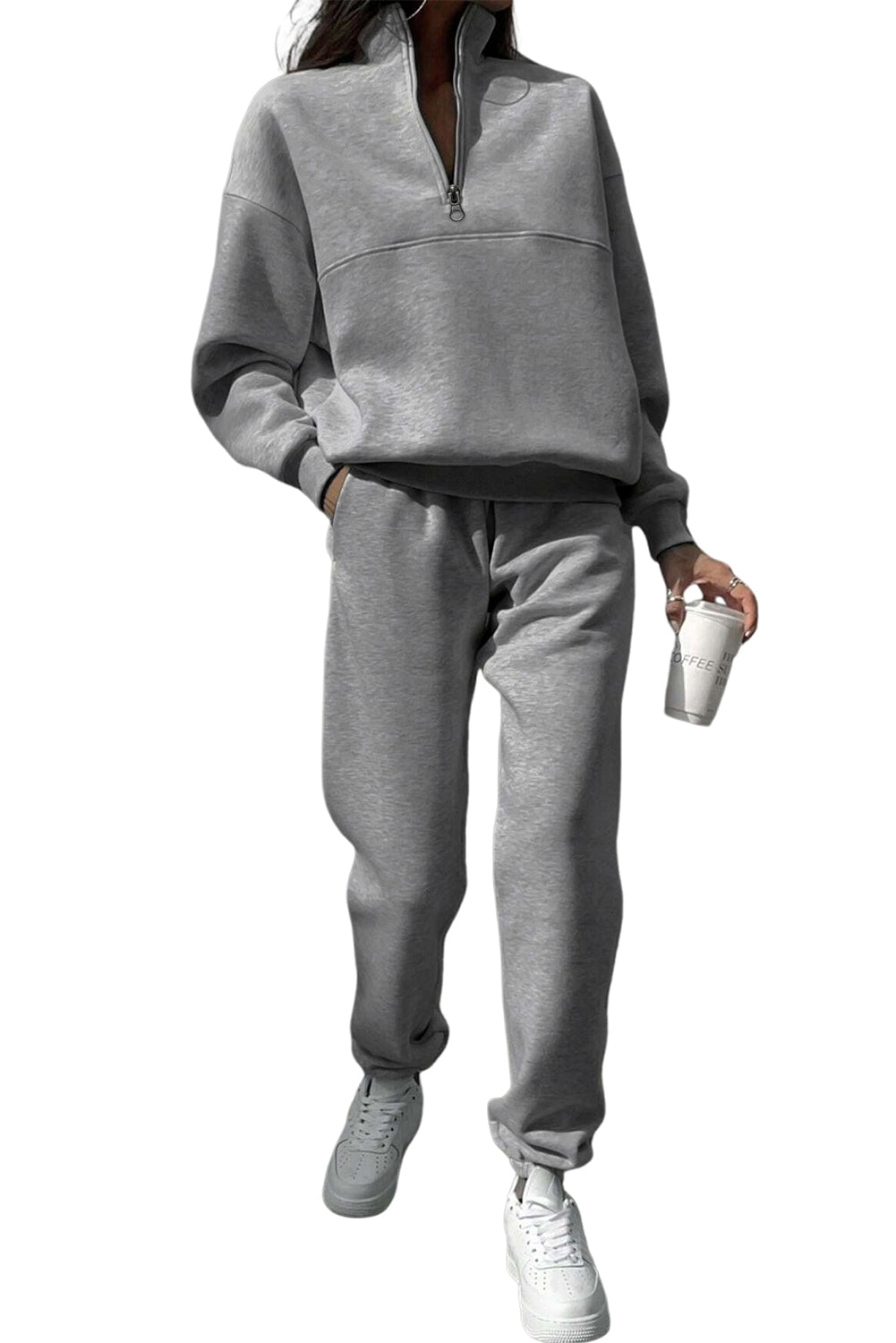 Light Grey Half Zip Drop Shoulder Sweatshirt And Sweatpants Two Piece Set-Two Piece Pants Sets-[Adult]-[Female]-2022 Online Blue Zone Planet