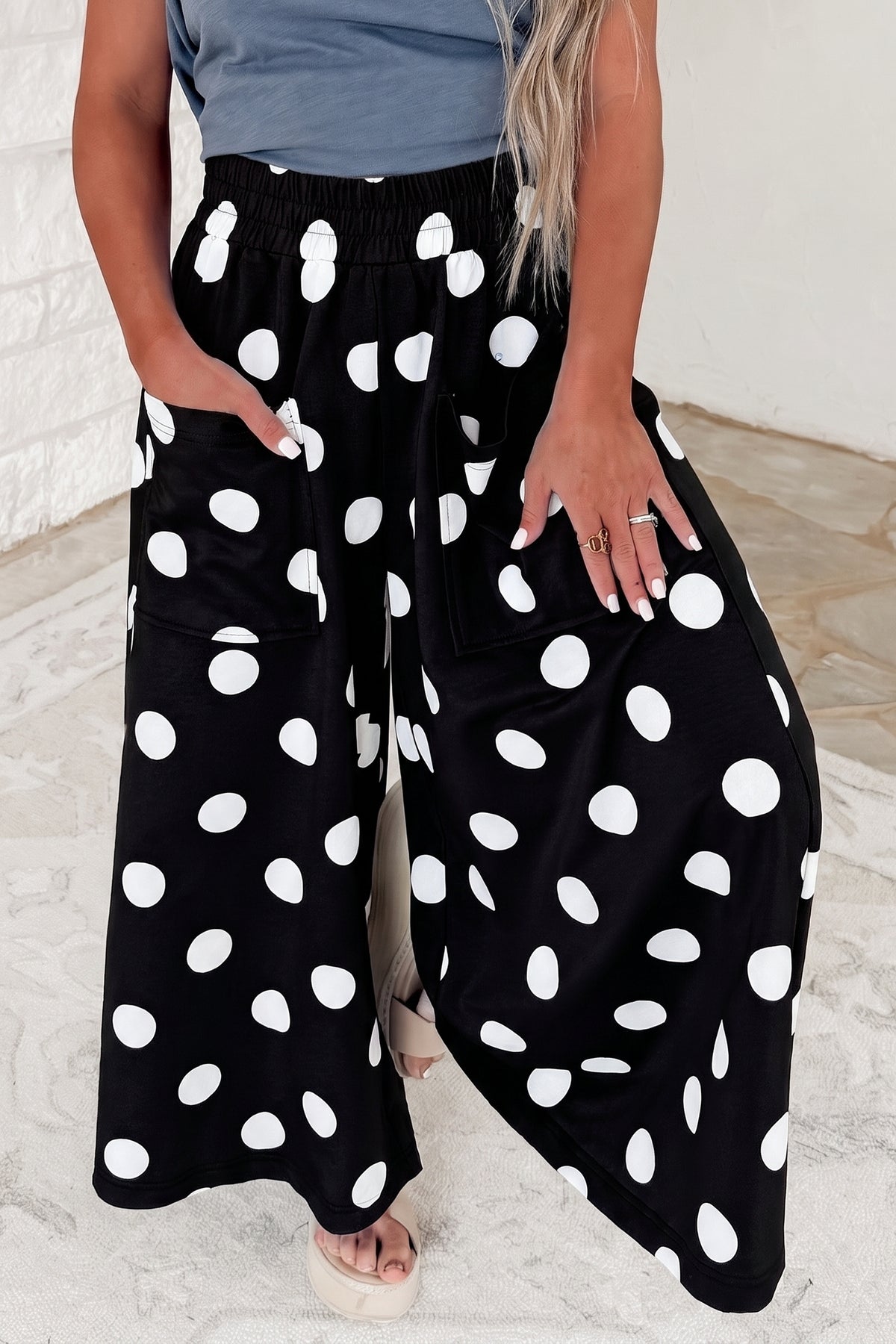 Sail Blue Polka Dot Wide Leg Elastic Waist Casual Pants-Bottoms/Pants & Culotte-[Adult]-[Female]-Black-S-2022 Online Blue Zone Planet