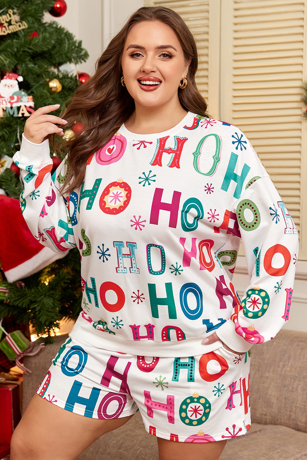 White Plus Size Christmas Ho Ho Ho Print Long Sleeve Top And Shorts 2pc Lounge Set-Plus Size/Plus Size Loungewear-[Adult]-[Female]-2022 Online Blue Zone Planet