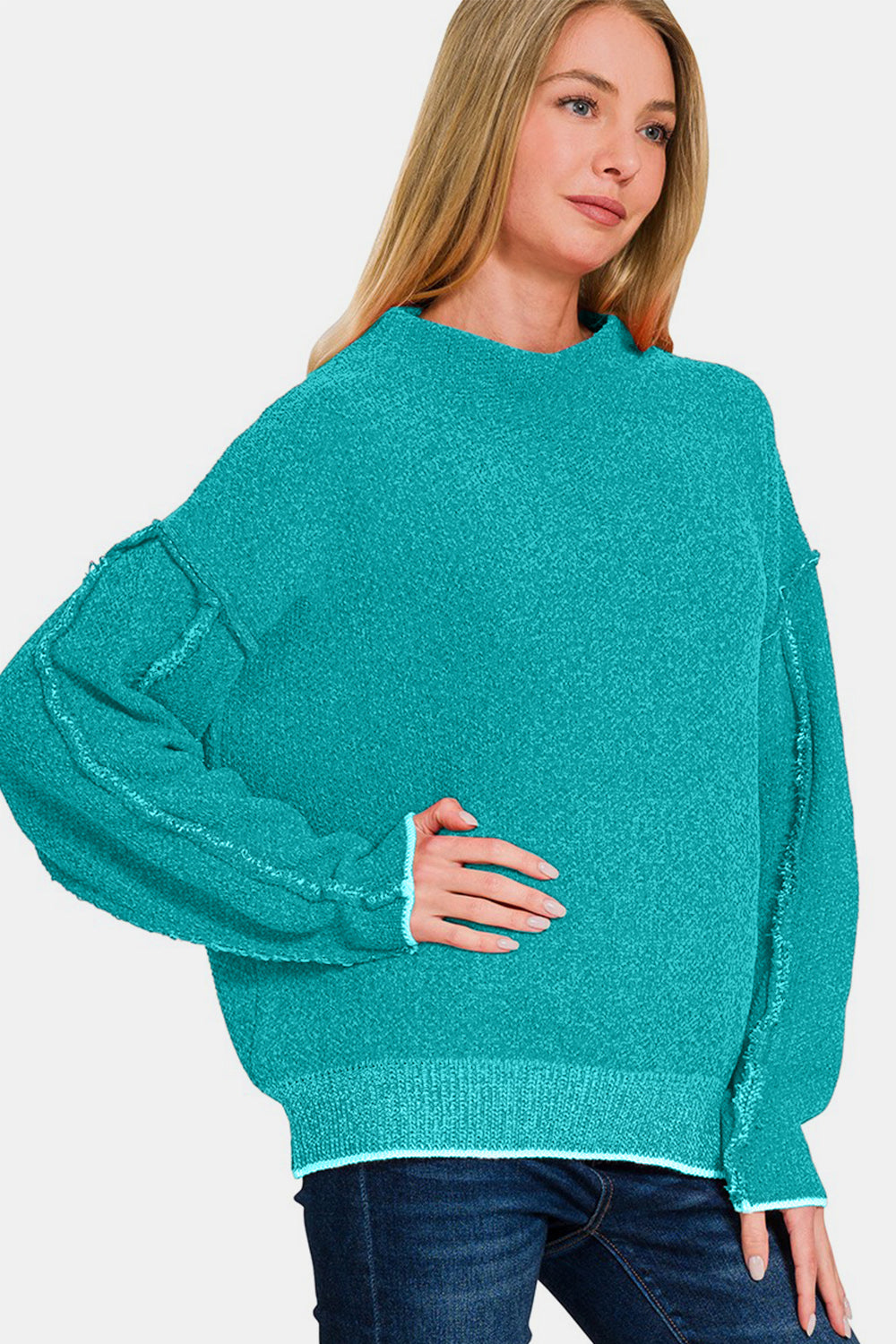 Zenana Exposed Seam Mock Neck Long Sleeve Sweater-TOPS / DRESSES-[Adult]-[Female]-2022 Online Blue Zone Planet