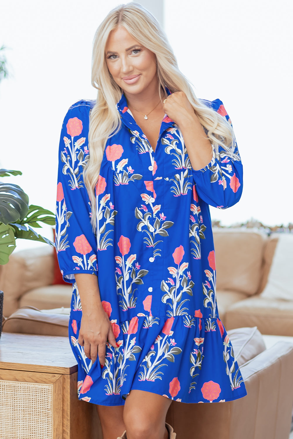 Blue Floral Print Button Detail 3/4 Puff Sleeve Ruffle Hem Dress-Dresses/Floral Dresses-[Adult]-[Female]-2022 Online Blue Zone Planet