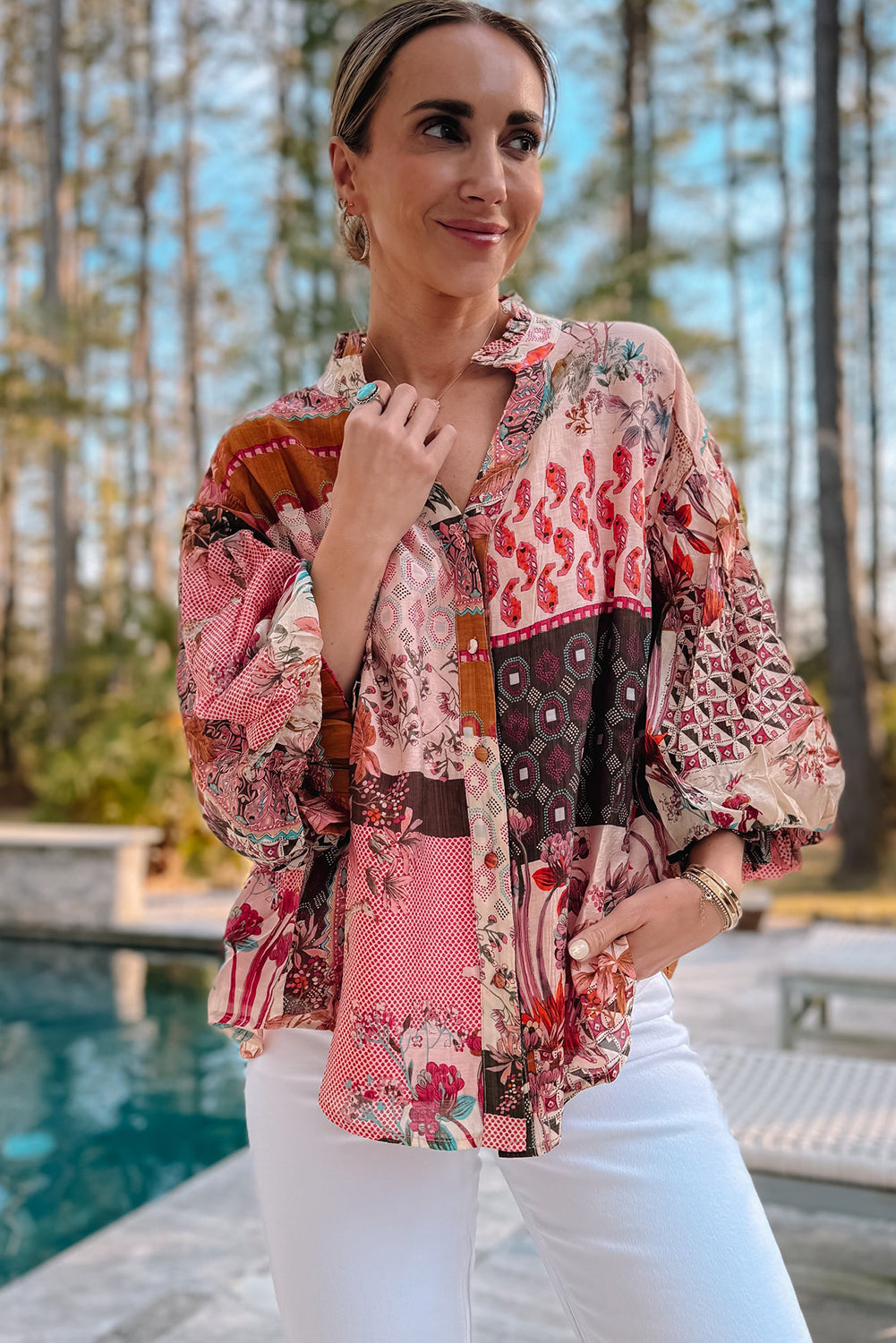 Blue Zone Planet | Red Boho Geometric Mixed Print Patchwork Bubble Sleeve Shirt-Tops/Blouses & Shirts-[Adult]-[Female]-2022 Online Blue Zone Planet