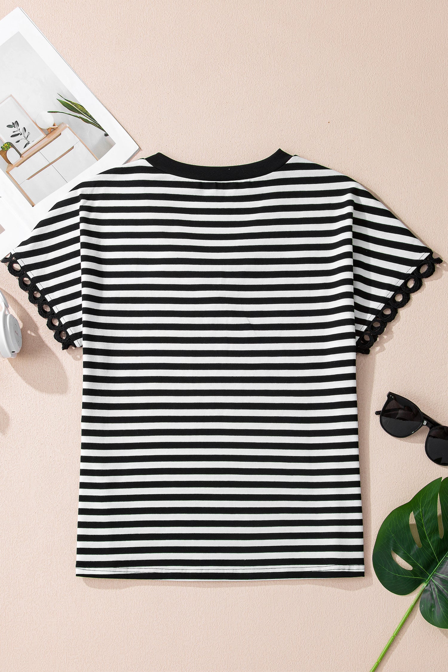 Black Striped Print V Neck Delicate Trim Casual Tee-Tops/Tops & Tees-[Adult]-[Female]-2022 Online Blue Zone Planet