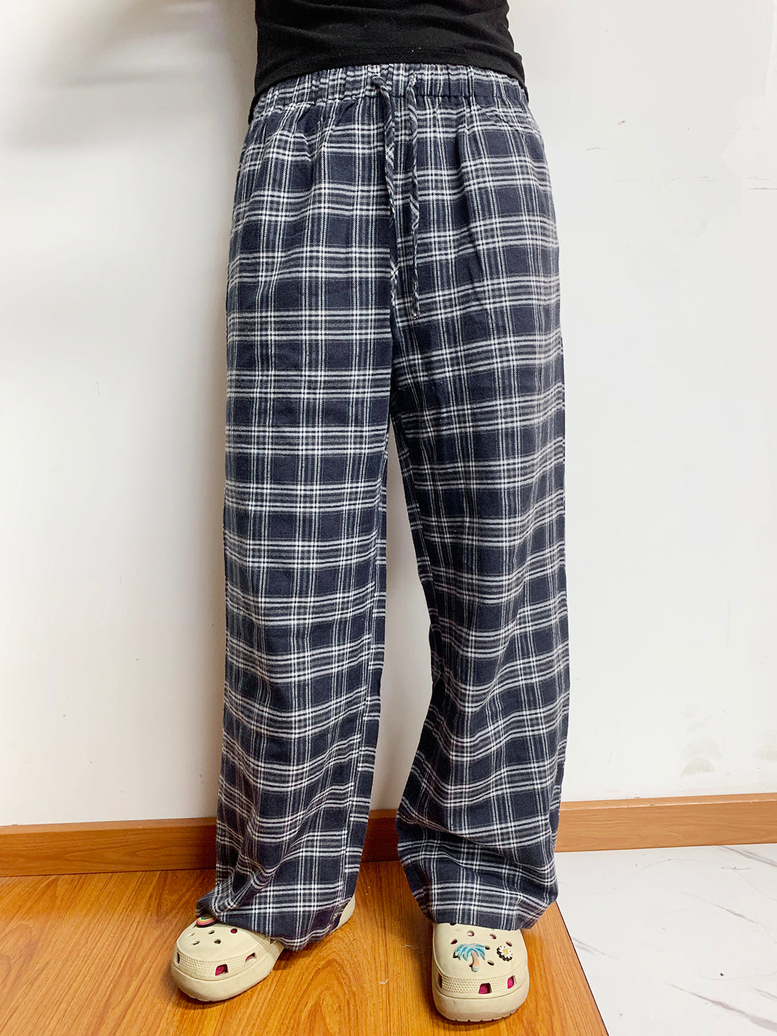 Plaid Drawstring Wide Leg Pants-BOTTOMS SIZES SMALL MEDIUM LARGE-[Adult]-[Female]-Dusty Blue-XS-2022 Online Blue Zone Planet