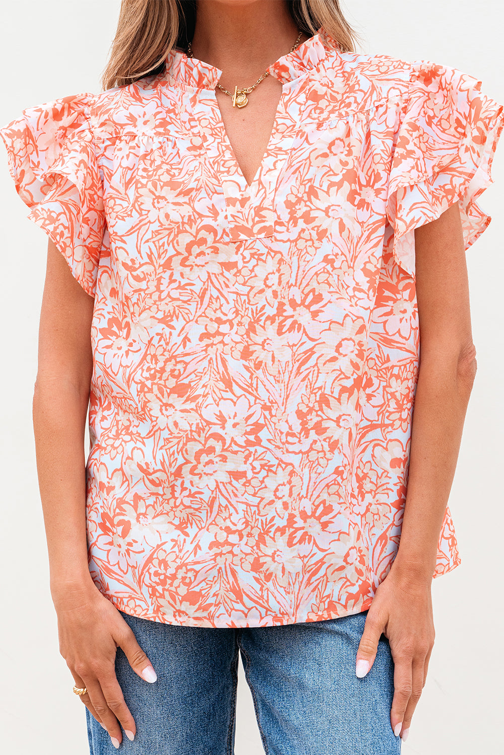 Orange Floral Ruffle Sleeve Split Neck Blouse-Tops/Blouses & Shirts-[Adult]-[Female]-2022 Online Blue Zone Planet