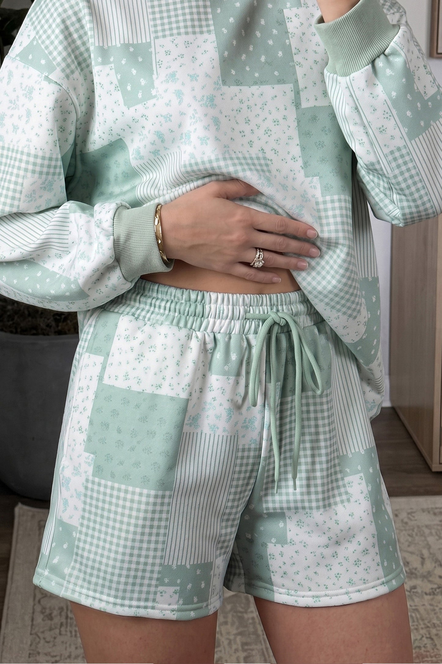 Green Patchwork Floral Print Drop Shoulder Baggy Pullover Drawstring Shorts Set-Two Piece Sets/Short Sets-[Adult]-[Female]-2022 Online Blue Zone Planet
