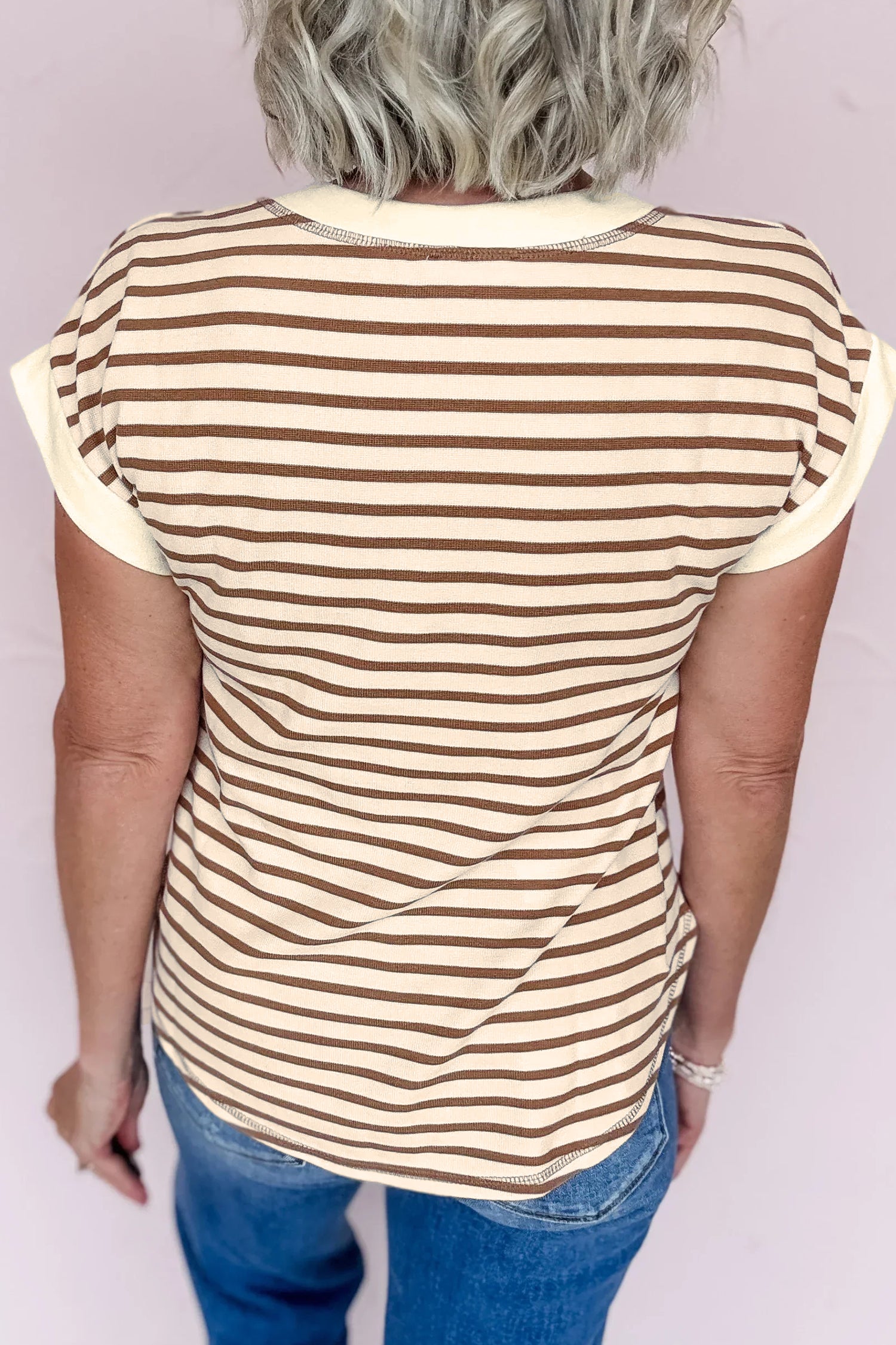 Khaki Stripe Half Buttons Round Neck T Shirt-Tops/Tops & Tees-[Adult]-[Female]-2022 Online Blue Zone Planet