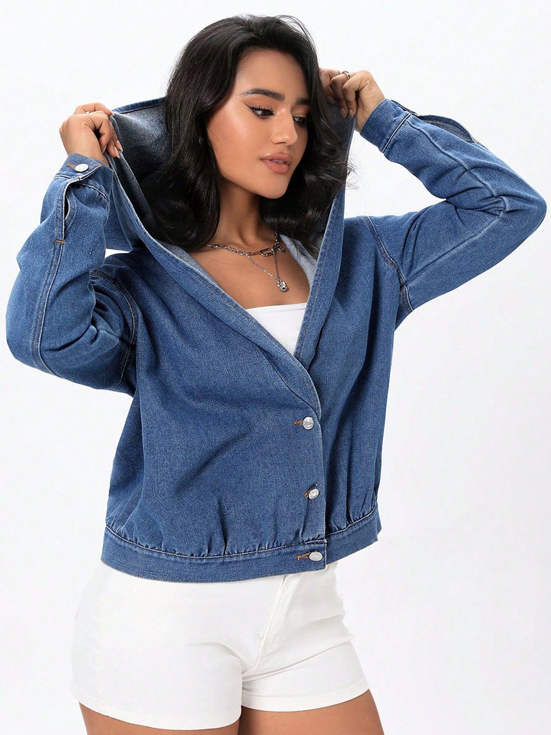 Button Up Hooded Denim Top-TOPS / DRESSES-[Adult]-[Female]-2022 Online Blue Zone Planet