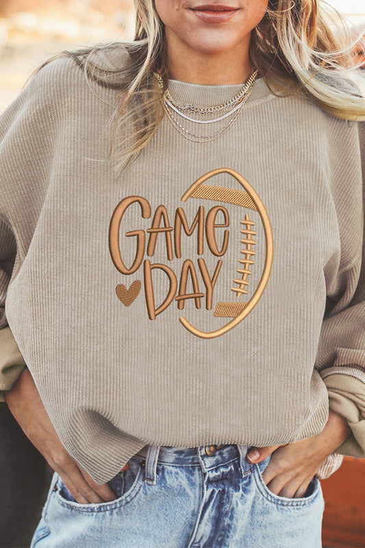 Smoke Gray Twisted Rib Texture game day Rugby Embroidered Baggy Sweatshirt-Graphic/Graphic Sweatshirts-[Adult]-[Female]-Smoke Gray-S-2022 Online Blue Zone Planet