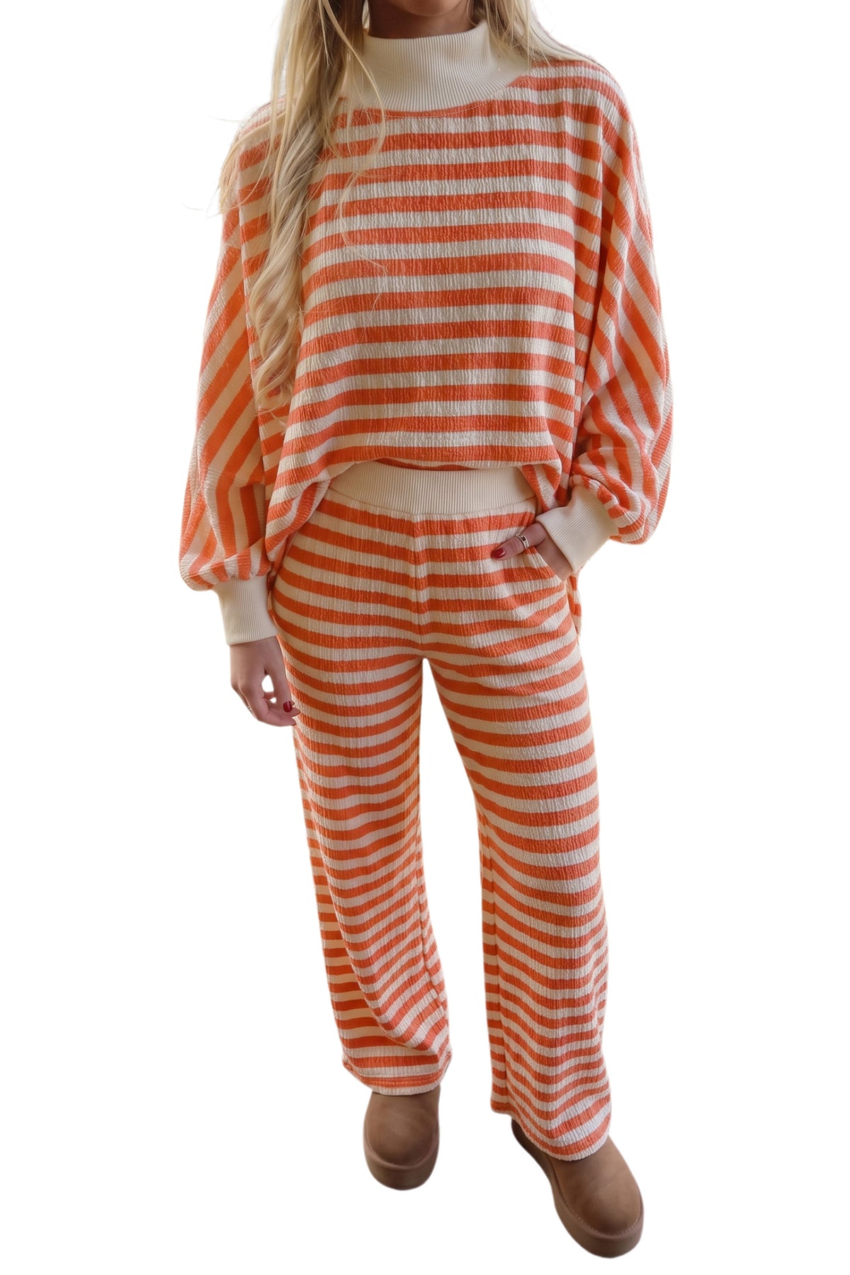 Orange Stripe Textured Contrast High Neck Long Sleeve Top Elastic Waist Pants 2pcs Set-Two Piece Sets/Pant Sets-[Adult]-[Female]-2022 Online Blue Zone Planet