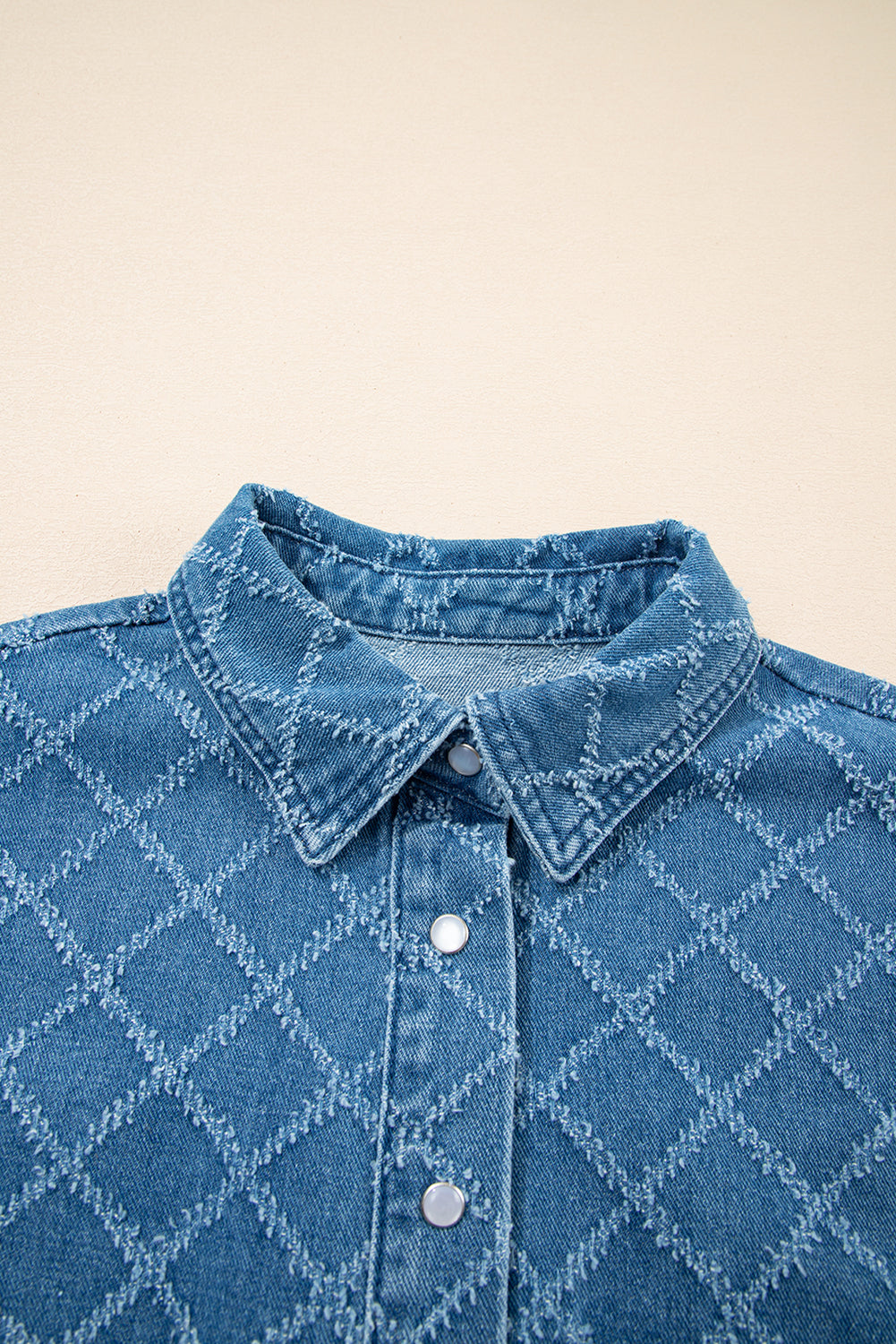 Dusk Blue Checkered Textured Short Sleeve Patched Pocket Denim Shirt-Tops/Blouses & Shirts-[Adult]-[Female]-2022 Online Blue Zone Planet