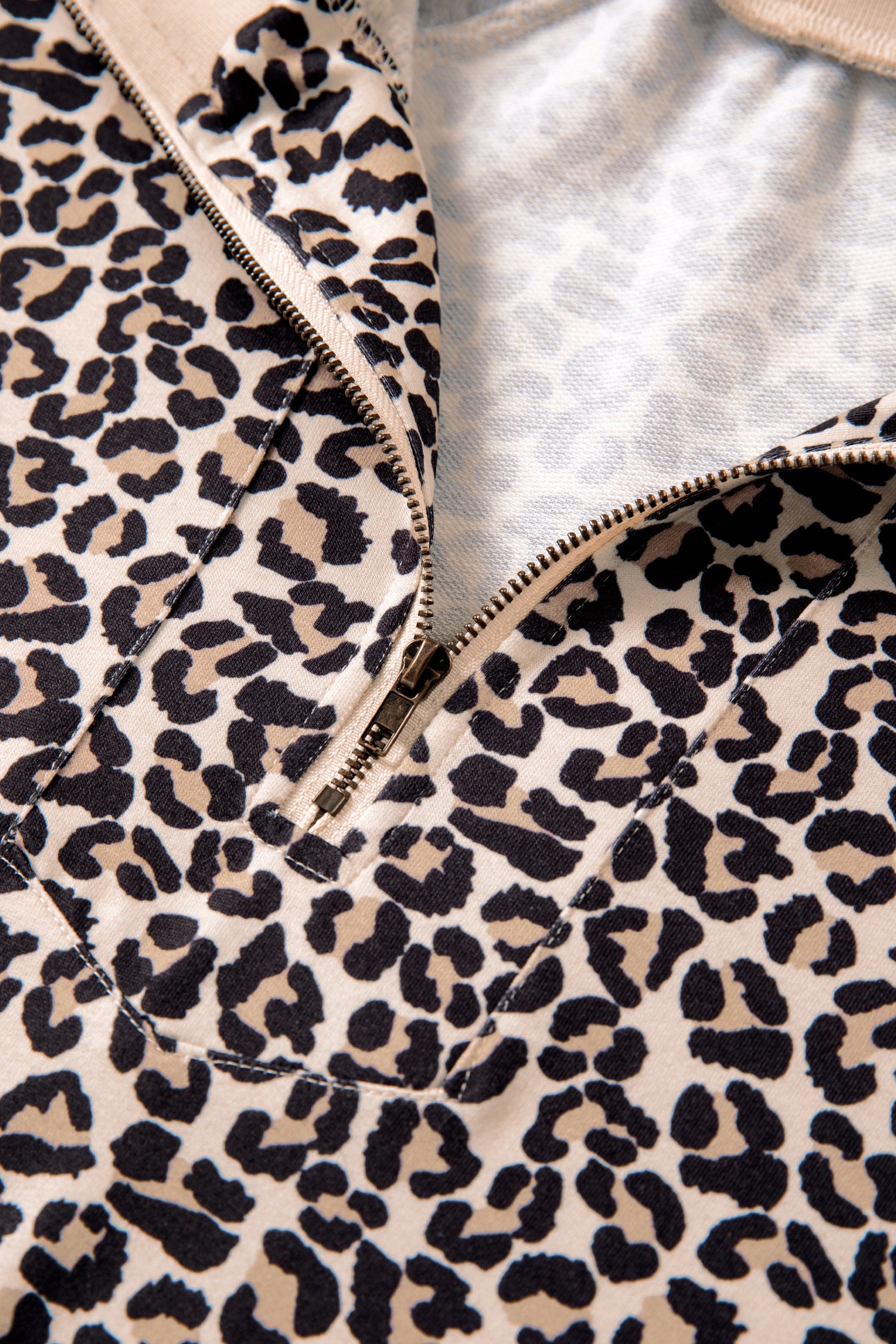 Brown Leopard Print Half Zip Striped Trim Patchwork Short Sleeve Top-Tops/Blouses & Shirts-[Adult]-[Female]-2022 Online Blue Zone Planet