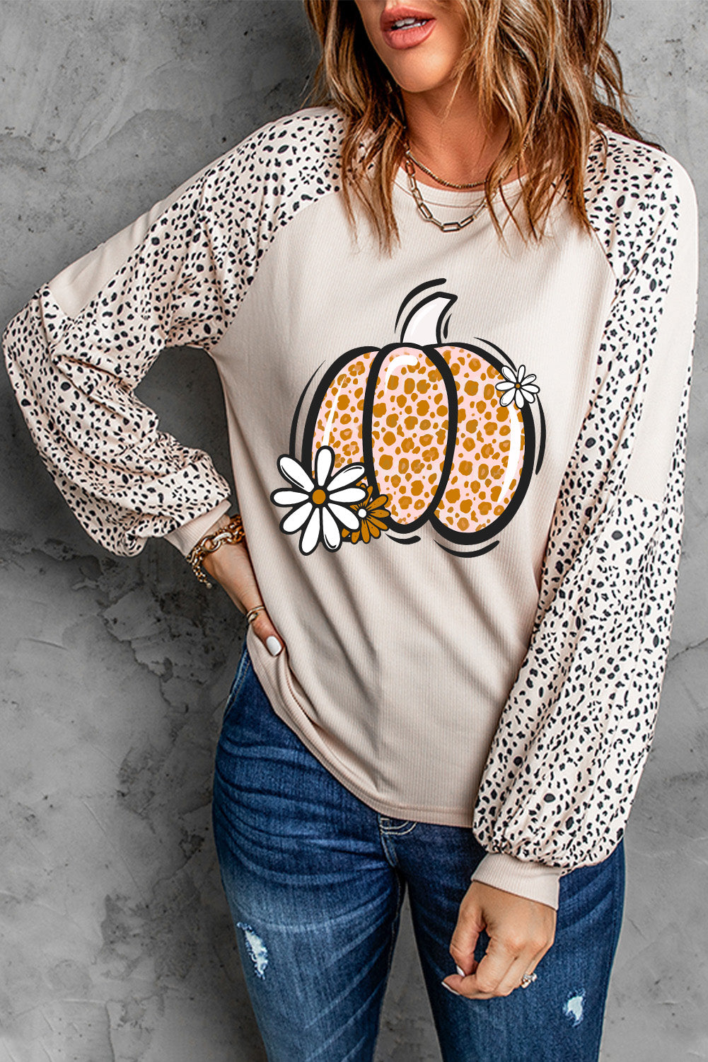 Pumpkin Graphic Round Neck Long Sleeve Top-TOPS / DRESSES-[Adult]-[Female]-2022 Online Blue Zone Planet