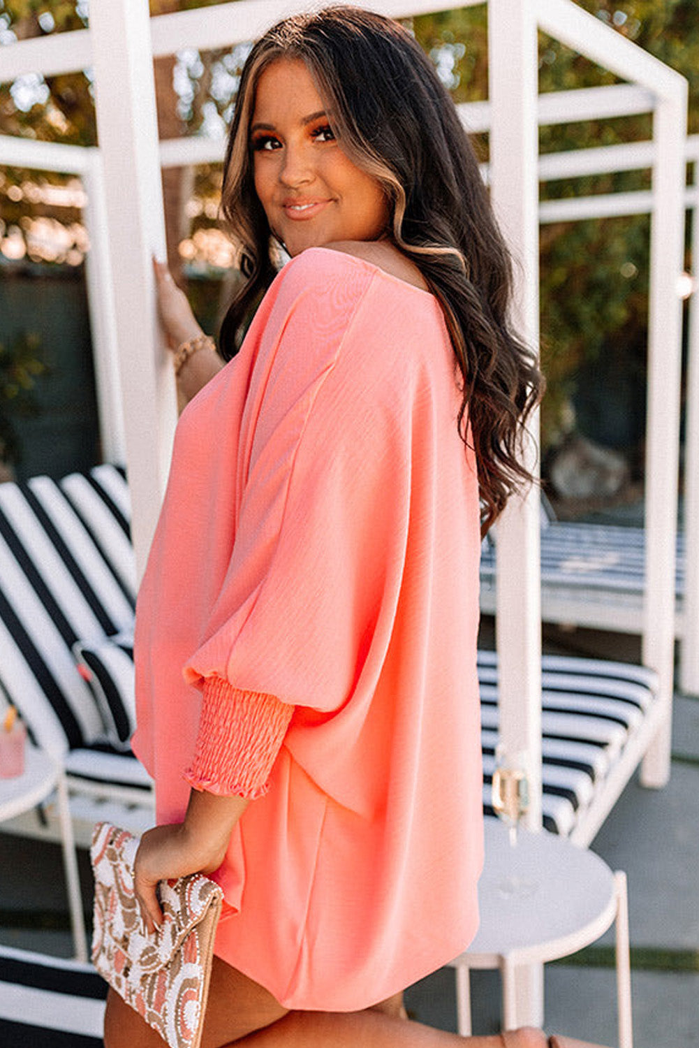 Blossom Shirred Cuffs Half Sleeve Plus Size Textured Blouse-Plus Size/Plus Size Tops/Plus Size Blouses & Shirts-[Adult]-[Female]-2022 Online Blue Zone Planet