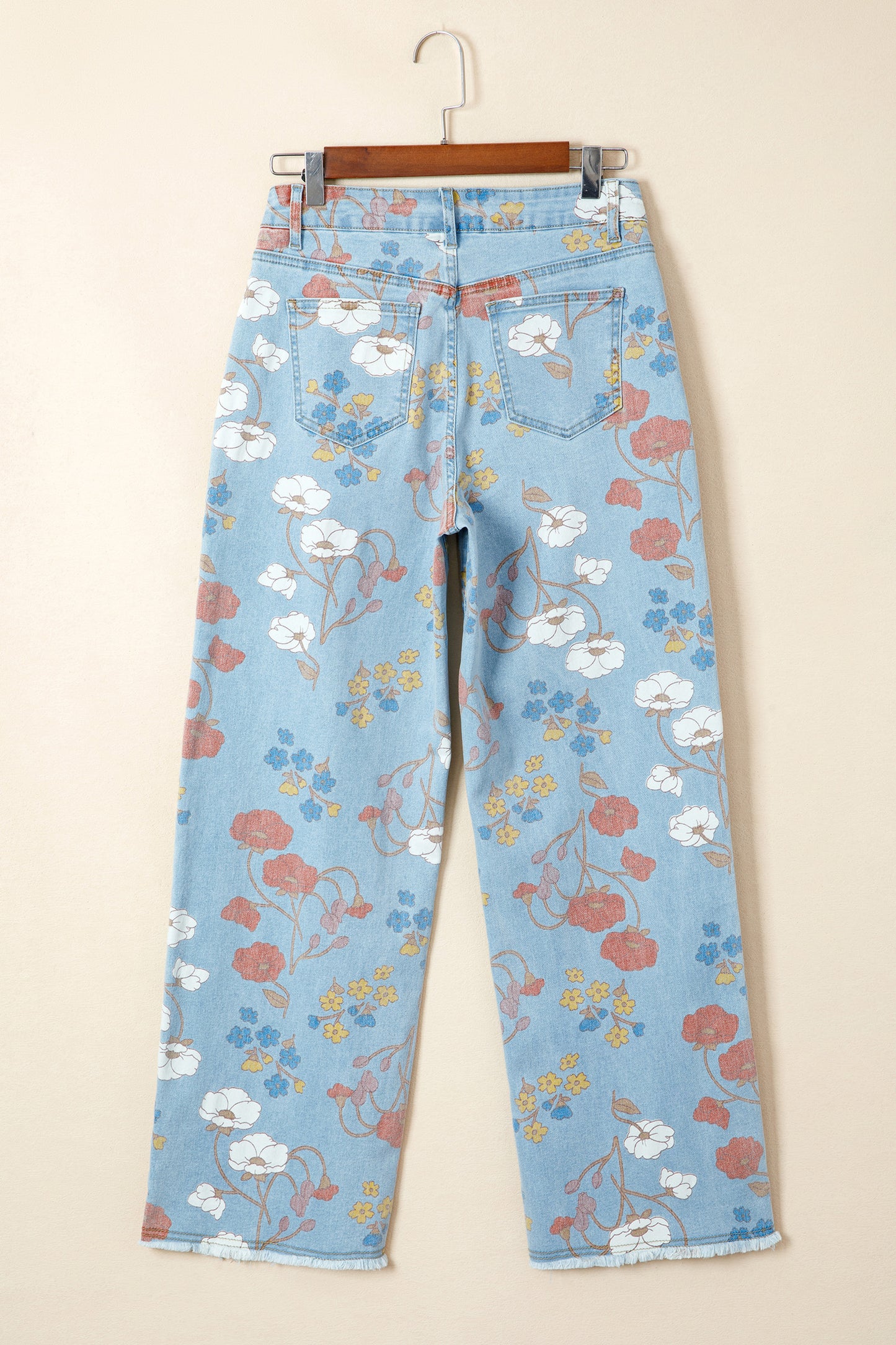 Sky Blue Floral Printed Raw Hem Shift Jeans-Bottoms/Jeans-[Adult]-[Female]-2022 Online Blue Zone Planet