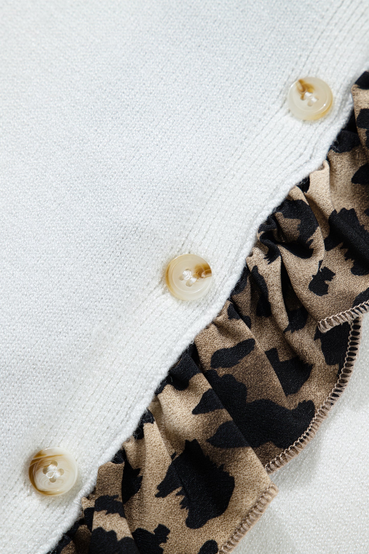 White Knitted Leopard Ruffle Patchwork Button Down Cropped Cardigan-Sweaters & Cardigans/Cardigans-[Adult]-[Female]-2022 Online Blue Zone Planet
