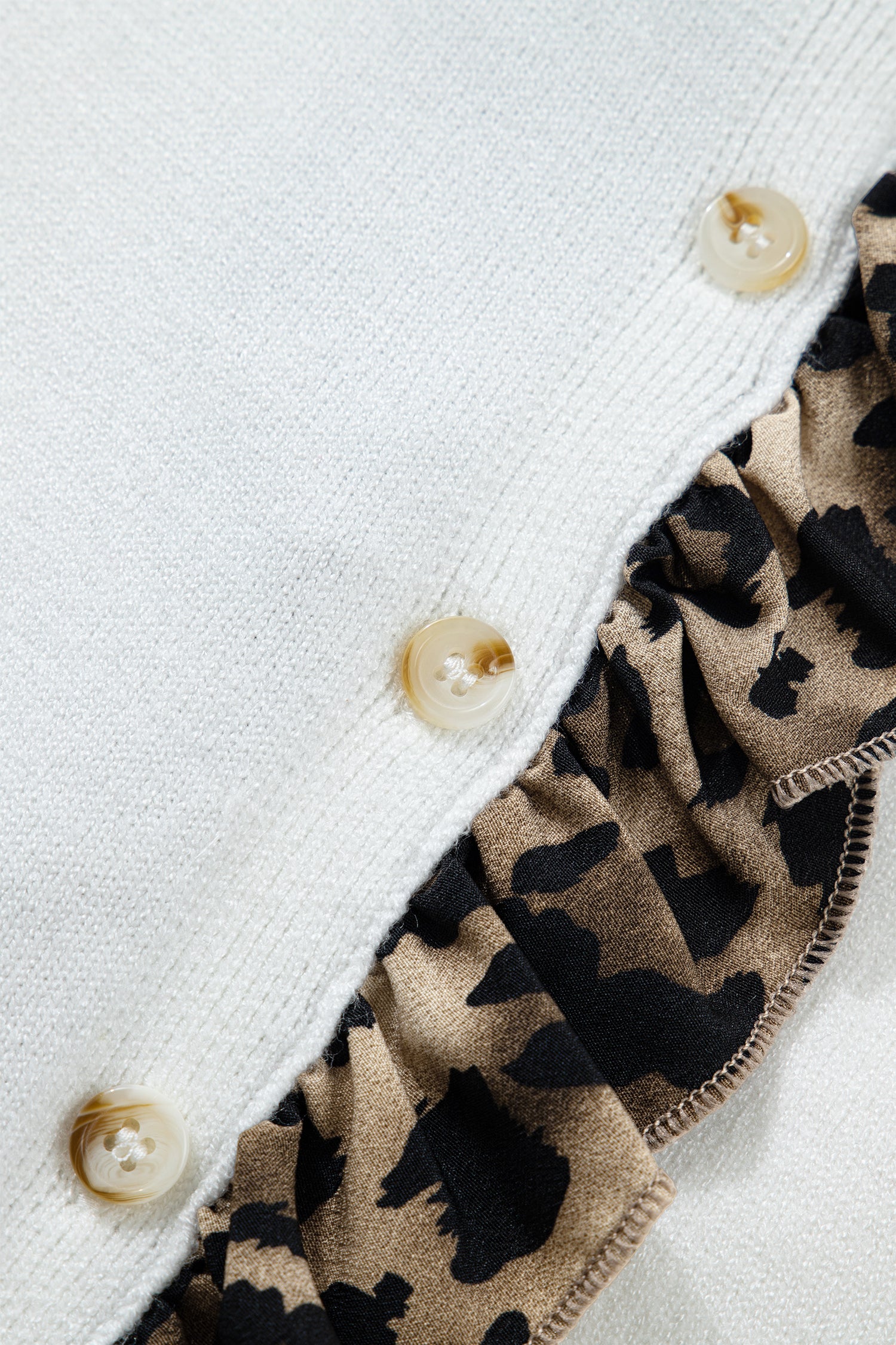 White Knitted Leopard Ruffle Patchwork Button Down Cropped Cardigan-Sweaters & Cardigans/Cardigans-[Adult]-[Female]-2022 Online Blue Zone Planet