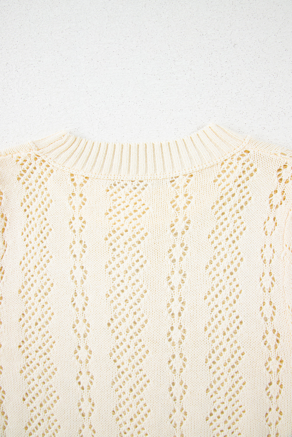 Beige Hollowed Pattern Knit Short Puff Sleeve Sweater-Sweaters & Cardigans/Short Sleeve Sweaters-[Adult]-[Female]-2022 Online Blue Zone Planet
