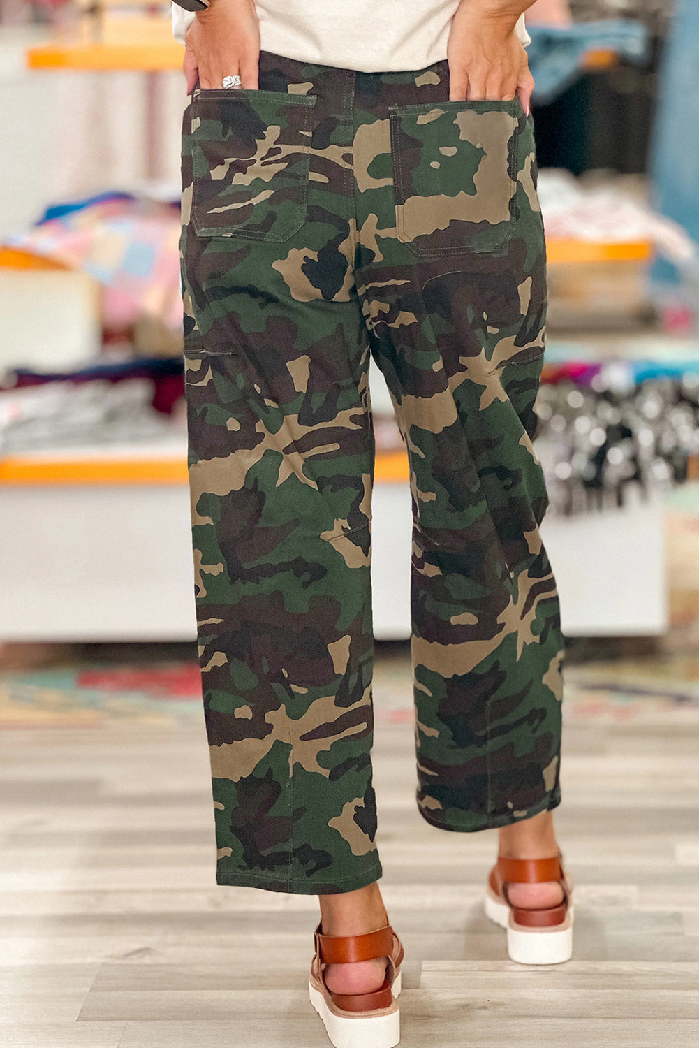 Green Camouflage Print Drawstring Patch Pocket Barrel Jeans-Bottoms/Jeans-[Adult]-[Female]-2022 Online Blue Zone Planet