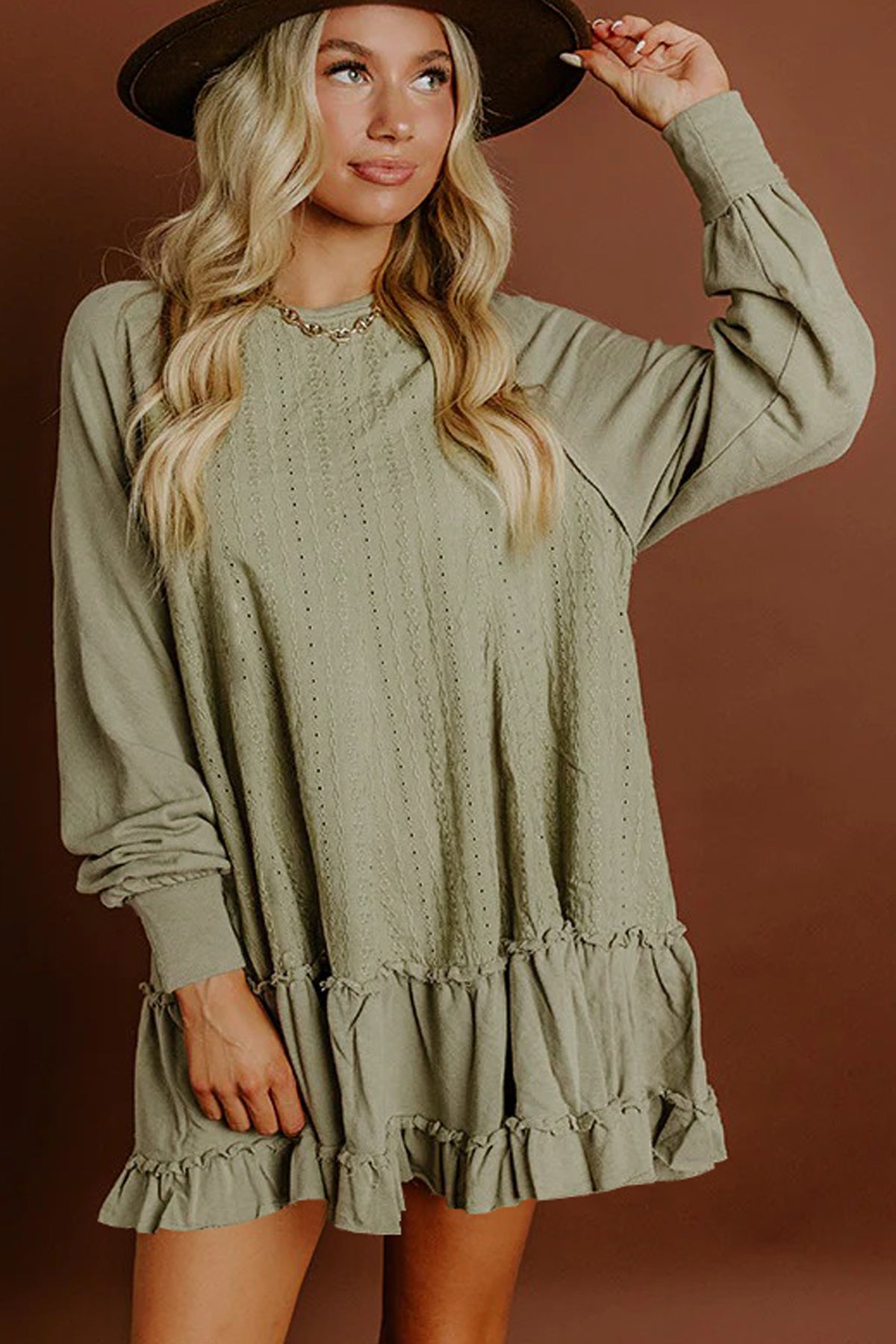 Laurel Green Jacquard Frilled Ruffled Long Sleeve Mini Dress